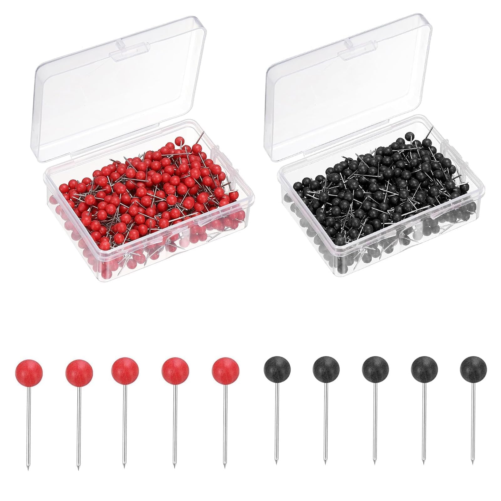 400Pcs Round Head Tacks 15mm Coloured Heads Drawing Pins, 200 Packs each in black and red for World Map, Cork Board, Fabric Marking