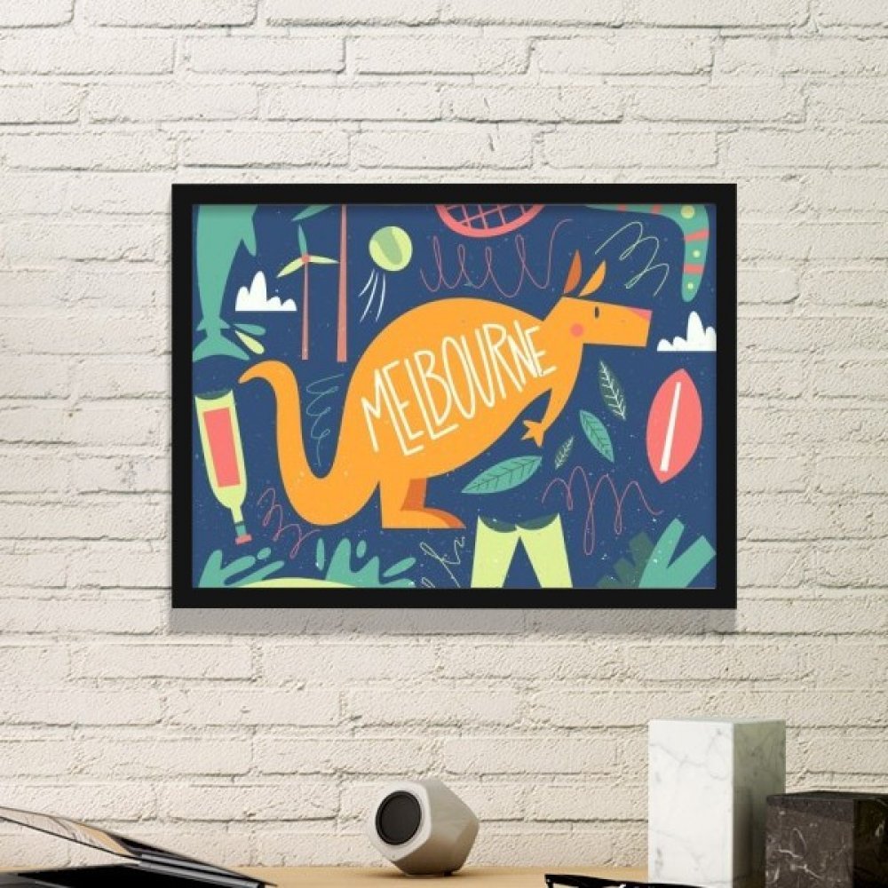 Cadre photo Melbourne Australie Kangourou Tennis Surf noir pour décoration murale de salon