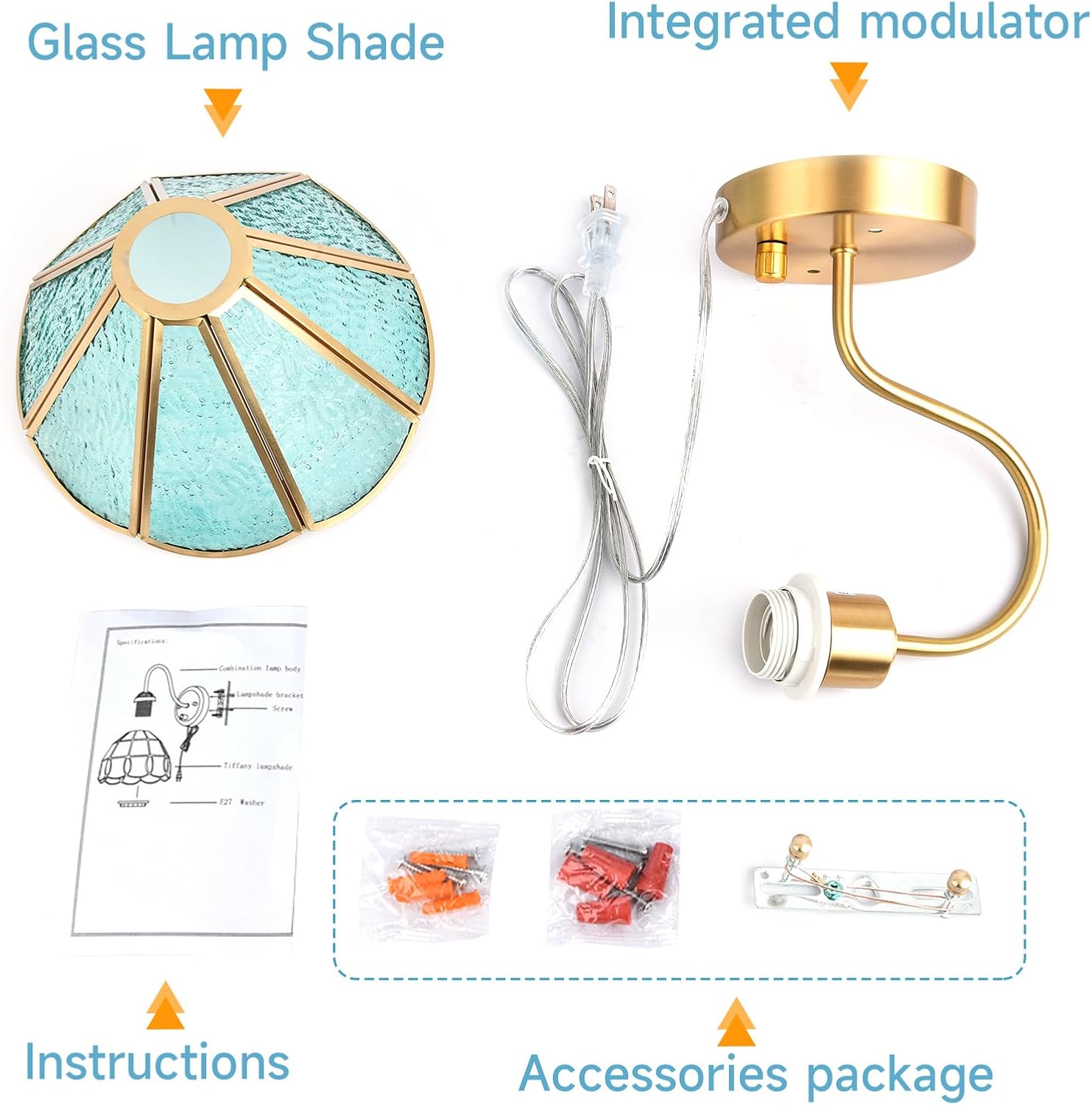 Vintage Brass Wall Sconce with Dimmable Switch, Bedside Industrial Gooseneck Wall Sconce with Plug in Cord, Sea Blue Stained Glass Shade Wall Light Perfect for Bedroom, Living Room