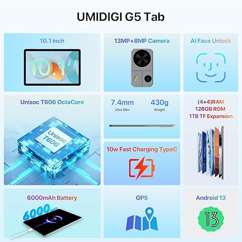 Miniatura 2 de UMIDIGI G5 Tab Desbloqueado Android 13 Tablet 8 (4+4) GB RAM+128GB, 10.1" HD+ Pantalla Full View con bolígrafo, 6000 mAh Mega Batería con Celular y