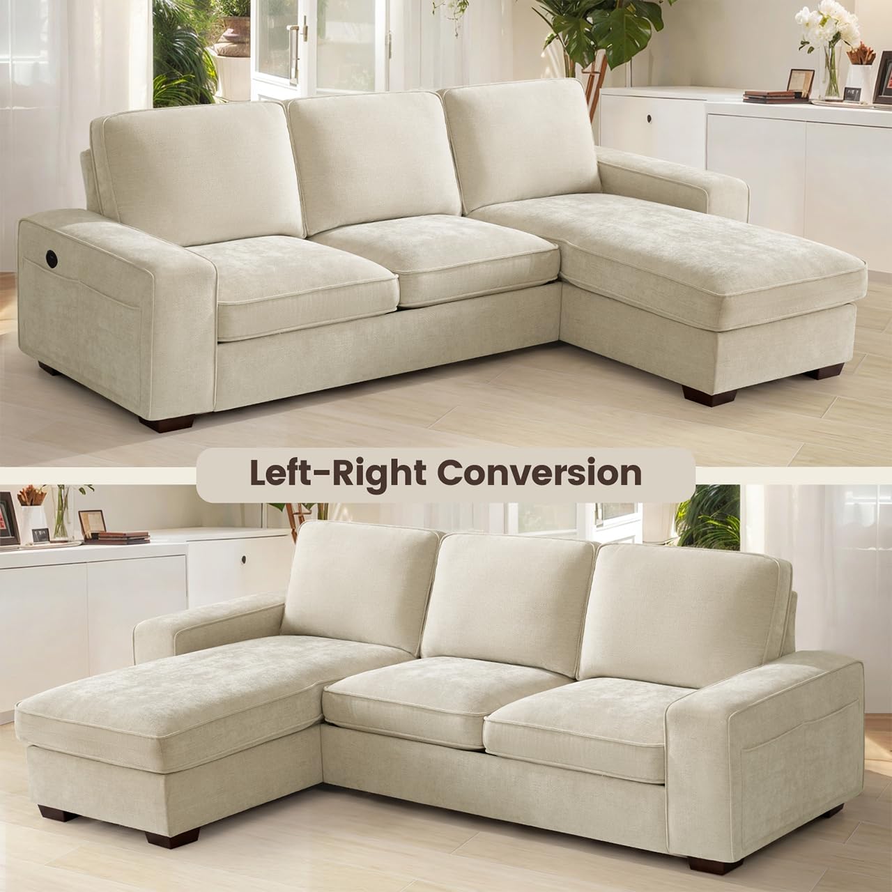 DUANDUAN Sofá seccional Convertible 250 cm con Almacenamiento en Chaise, Moderno diseño Reversible en Forma de L, cómodo Tejido de Chenilla, Fundas de Almohada Desmontables, Puertos USB Tipo C Beige