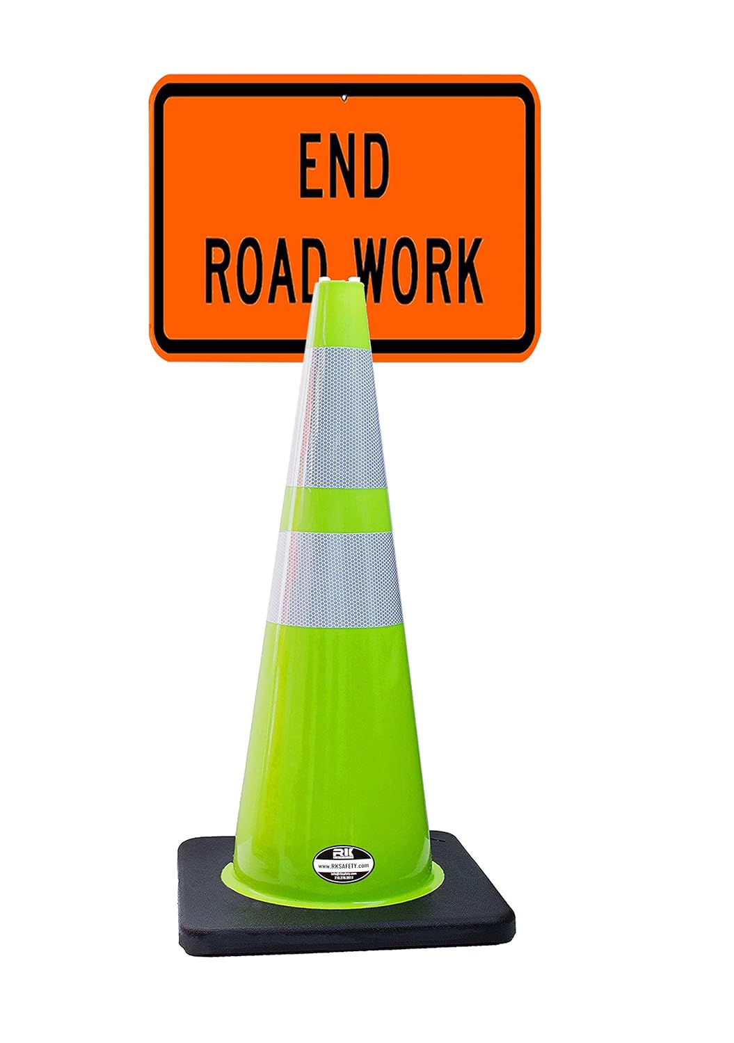 RK-Safety 28" Lime Cone, Black Base with Two Reflective Tape, Plus Cone Sign 36 "End Road Work", (Cone-8 ea + Cone Sign-8 ea)
