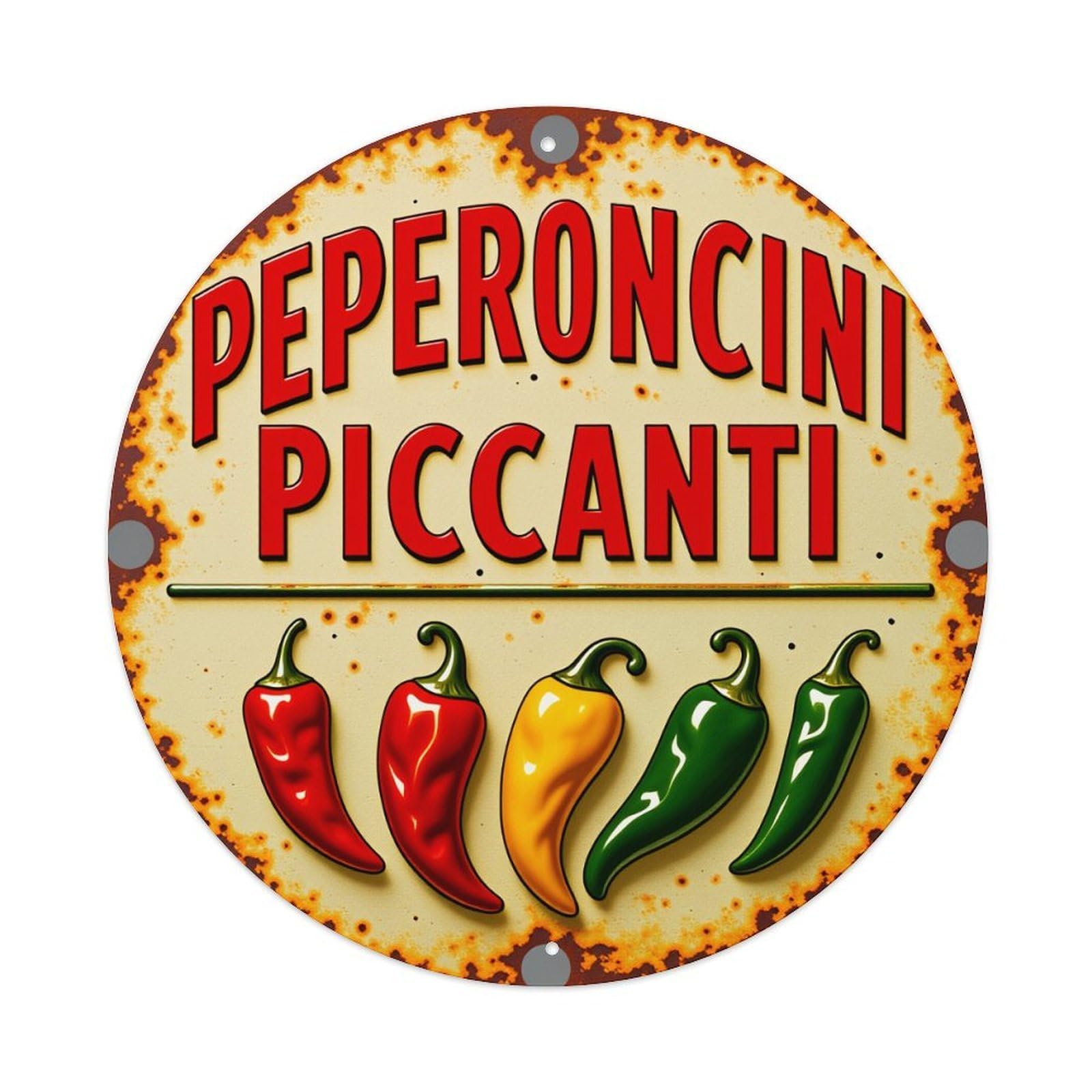 Peperoncini Piccanti Chili Pattern Sign Round Tin Sign Vintage Style Metal Sign Home Bar Garden Wall Plaque Decor Metal Poster 8x8 Inch