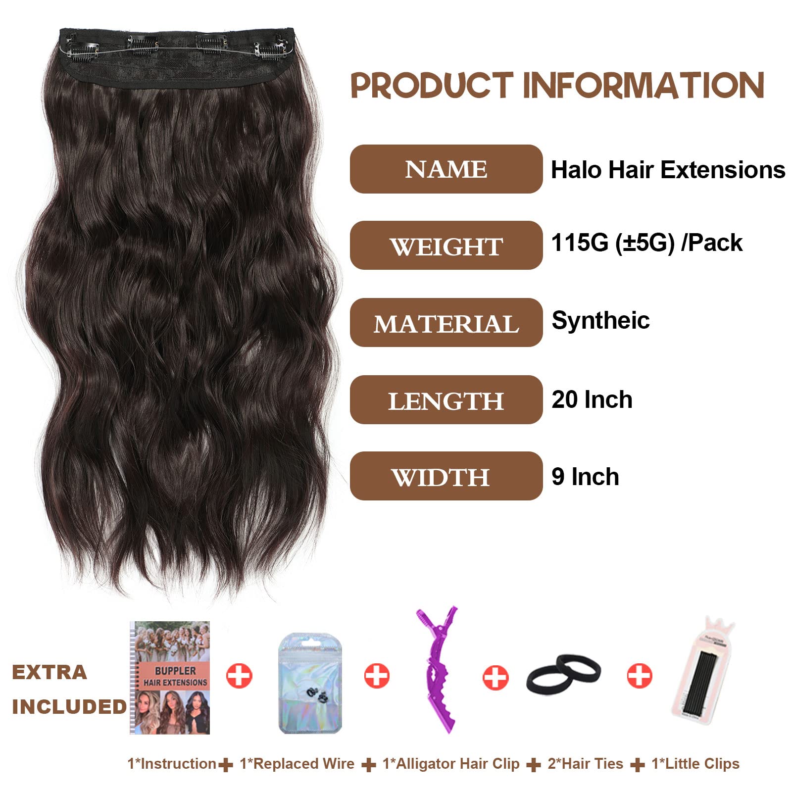 BUPPLER Halo Hair Extensions 20 Inch Invisible Wire Hair Extensions Adjustable Long Wavy Hairpiece Synthetic Upgrade 4 Secure Clips in Hairpieces 20 Inch,Black Brown - Image 3