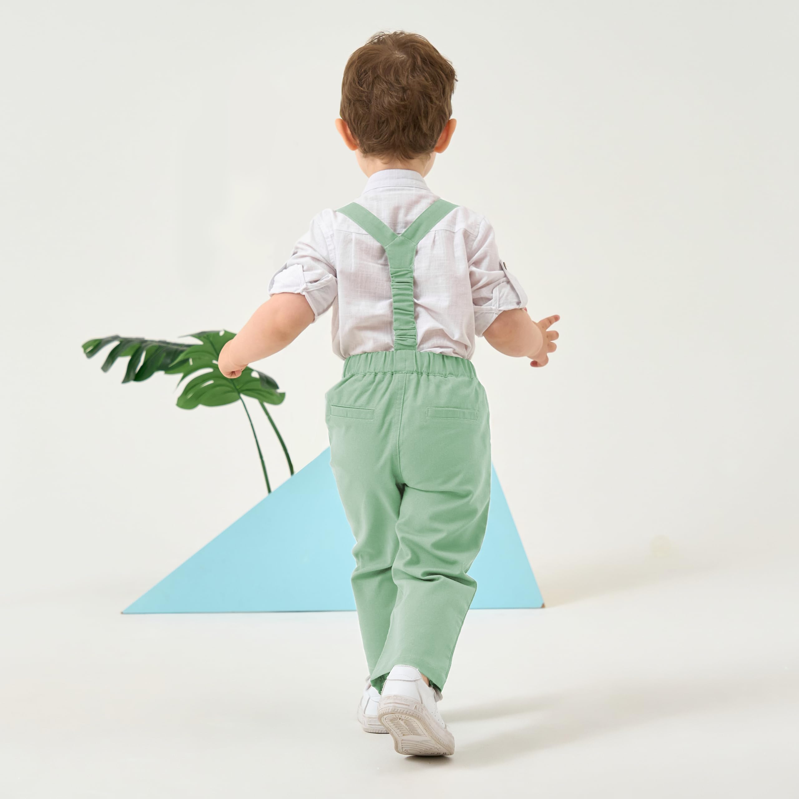 Volunboy Trajes para Bebé Niños de Boda Ceremonia Fiesta, Lino Camisa con Pajarita + Tirantes Pantalones 4 Piezas Conjunto Ropa