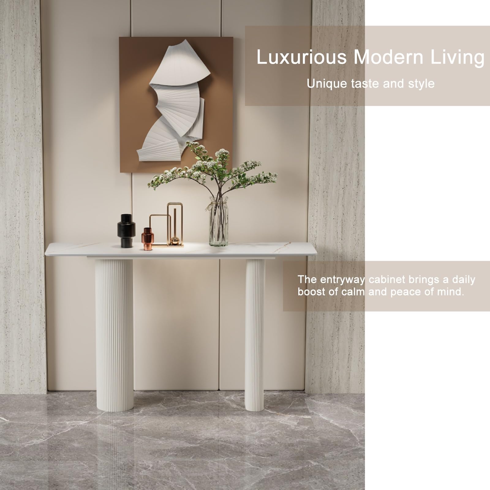 Tavolo Consolle Ingresso con Piano in Finto Marmo Bianco E Struttura in Metallo Dorato, Stile Moderno, Adatta A Ingressi, Soggiorni E Corridoi(White2,150cm/59in)