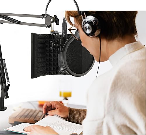 Miniatura 7 de Escudo de aislamiento de micrófono con soporte de micrófono y filtro pop, escudo de sonido plegable para la mayoría de equipos de grabación de
