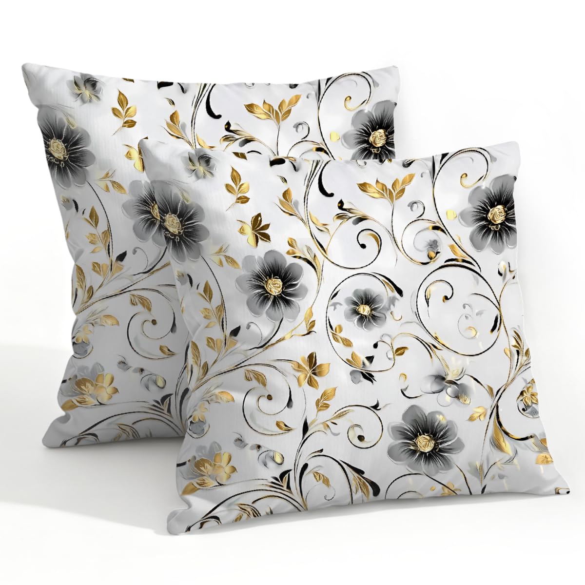 Outdoor Pillow Covers Waterproof Pillowcases 22x22in Set of 2 Silver Gold Swirling Botanical Flowers Decorative Throw Cushion Case for Couch Sofa Garden Patio Furniture