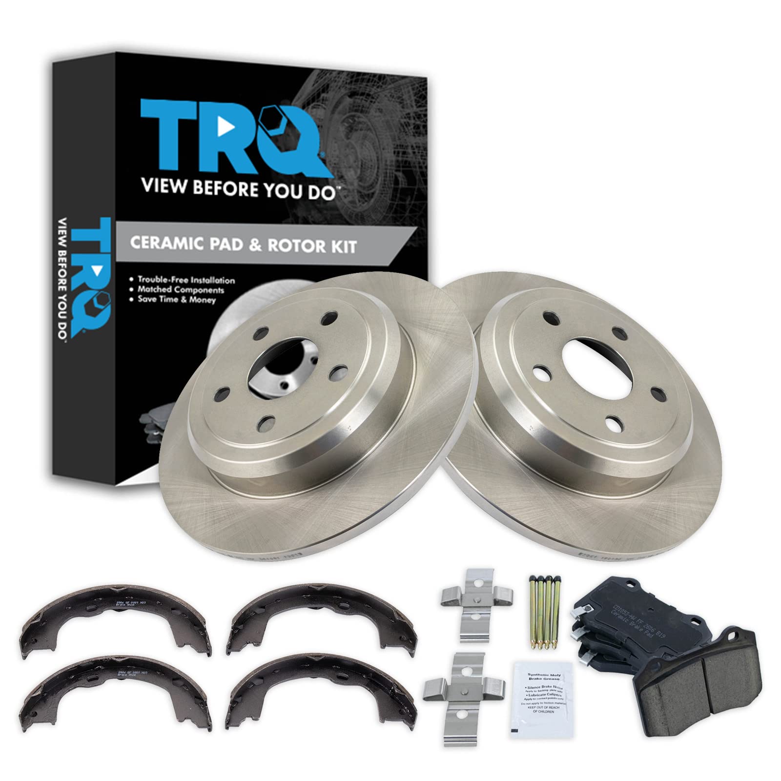 TRQ Rear Brake Pad and Rotor Set Ceramic Solid Rotors Parking Shoe Compatible with 2018-2019 Dodge Durango 2012-2019 Jeep Grand Cherokee