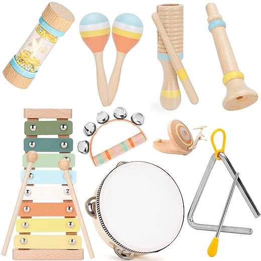 Baby Musical Instruments Set Wooden Montessori Toys for Toddlers 1-3 Percussion Instruments Set Modern Boho Music Toys for Kids Preschool Educational.