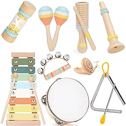 ZJEFUNS Baby Musical Instruments Set Wooden Montessori Toys for Toddlers 1-3 Percussion Instruments Set Modern Boho Music Toys for Kids Preschool Educational.