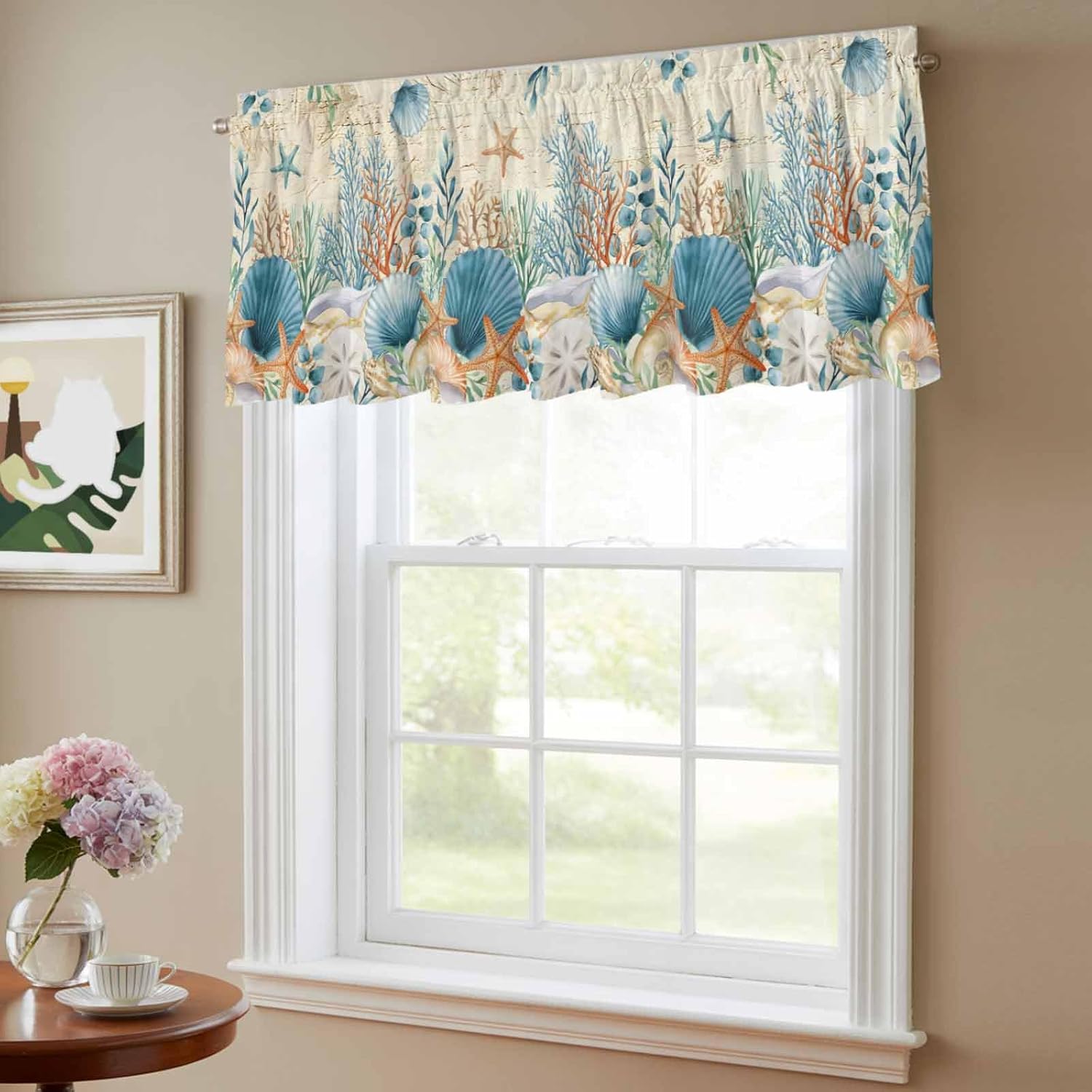 2 Pack Valances for Window, Teal Blue Coastal Short Curtains for Kitchen Bedroom Living Room, Summer Beach Starfish Shell Coral Nautical Retro Window Treatment Valance Drapes 42x18 Inch