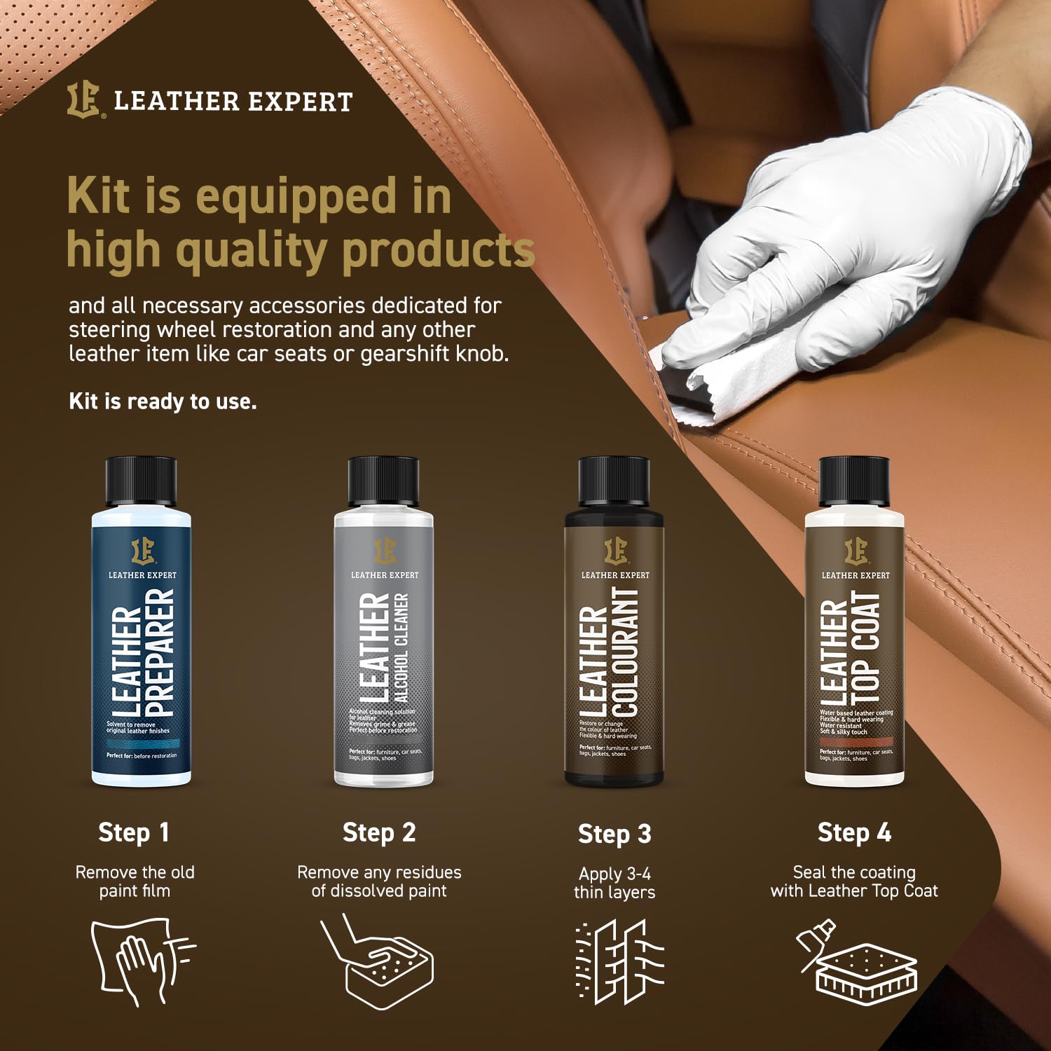 Kit de soin et réparation de volant en cuir expert noir - Restaurez le cuir endommagé du volant de voiture, siège de voiture, veste de canapé, rafraîchissez la couleur et entretenez le cuir