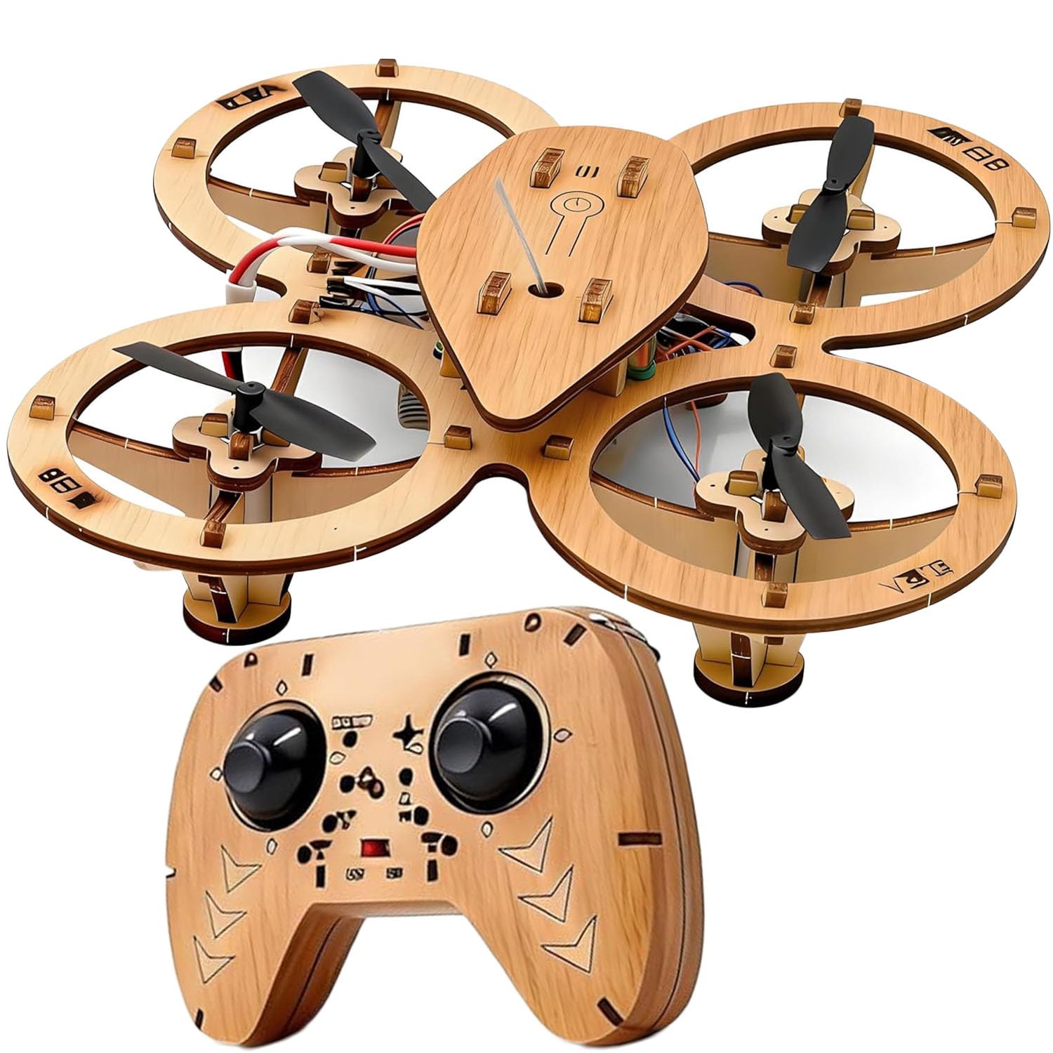 DIY Wooden Drone Model Kit, 2026 New Mini RC Drone Kit, Building Blocks Flying Toys Assembled Kit, Remote Control Aircraft Training RC Drone Quadcopter (Wood,14.5cm)