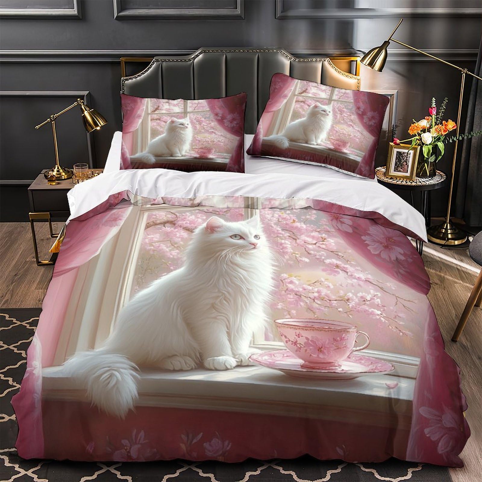 Housse de couette chat blanc pour lit simple 140x200 et sa scene florale pastel