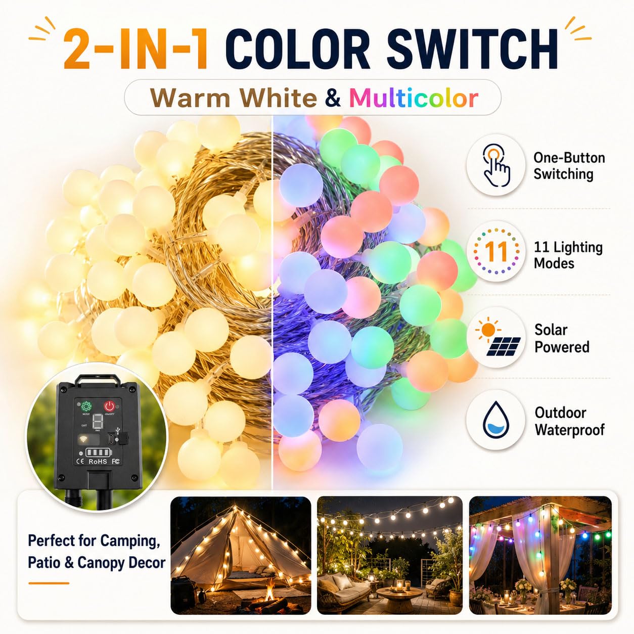Hiseng Catena Luminosa Esterna Solare, Luci Solari Esterno da Giardino a Bolle, Lampade Solari Impermeabili per Campeggio, Terrazzo, Balcone (Perlina LED,50M)
