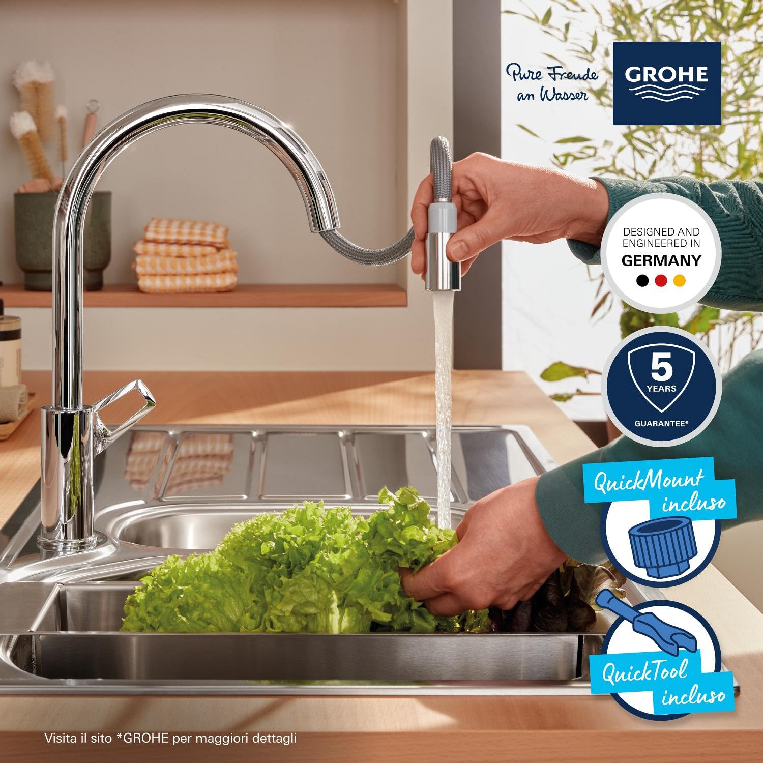 GROHE StartLoop - Rubinetto da cucina con beccuccio alto rimovibile, forma C, girevole a 360°, installazione QuickFix, limitatore di flusso ecologico, cromato, 305560000