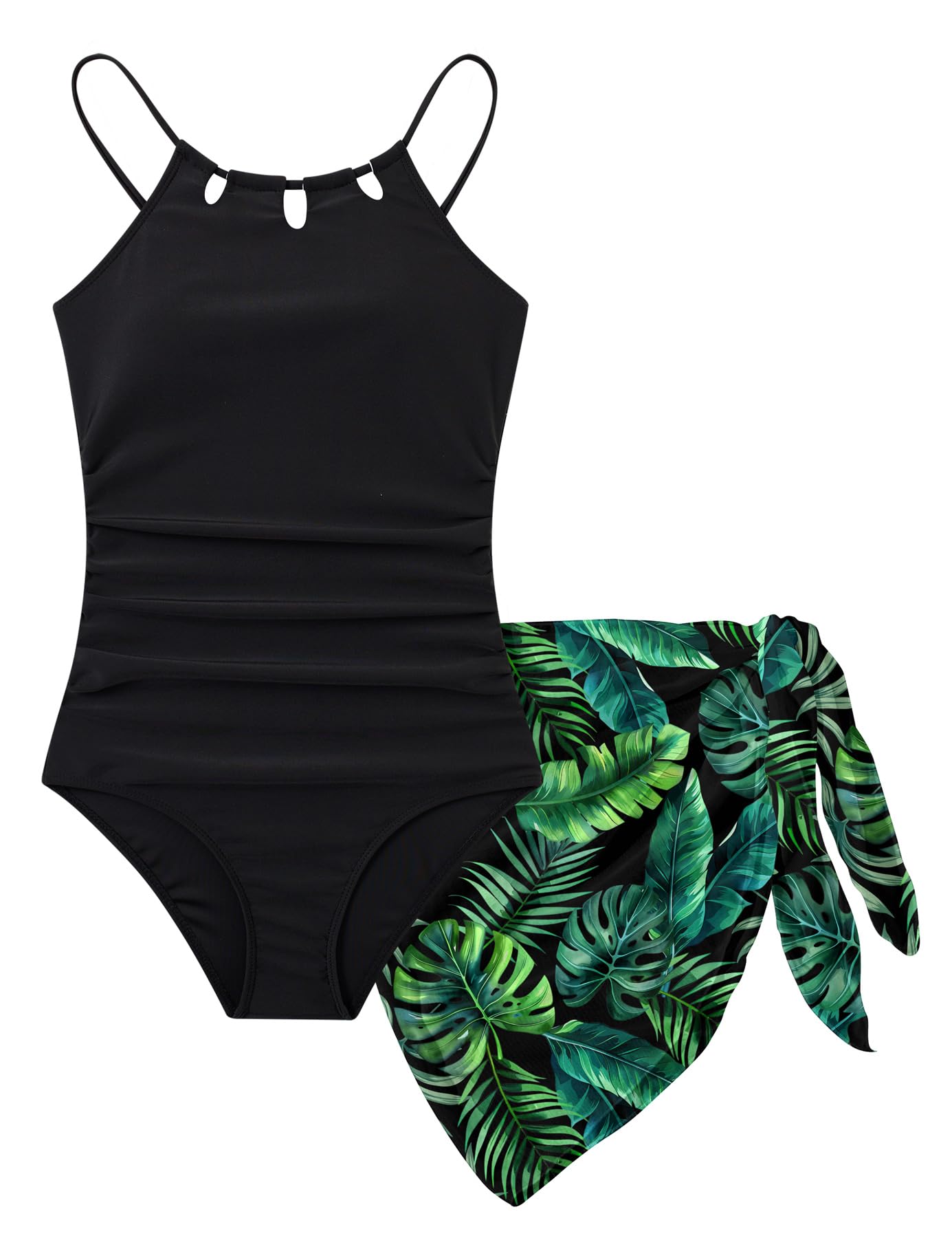 Girls Swimsuits One Piece Quick Dry Bathing Suit with Mesh Cover Ups Adjustable Straps Cut Out Beach Swimwear 7-16Y