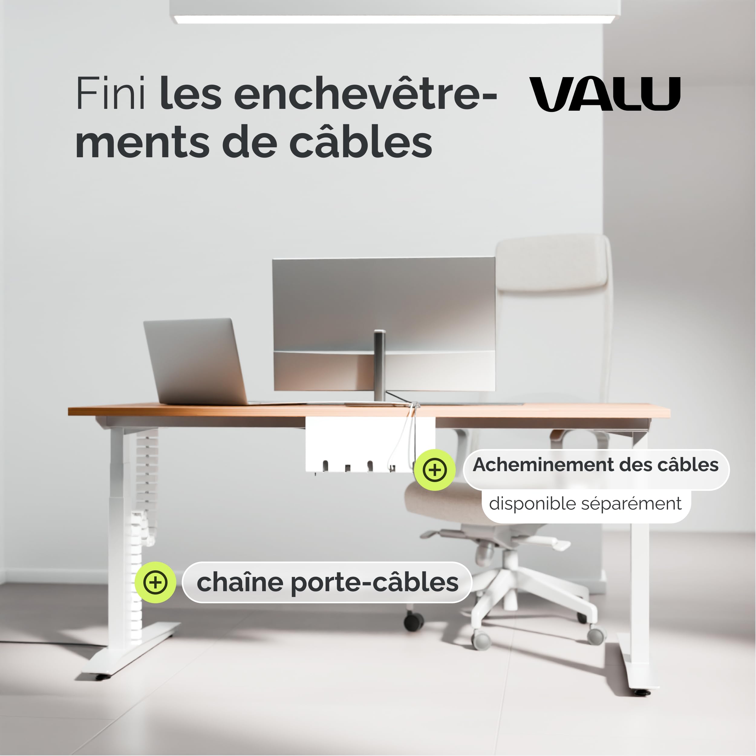 VALU Gestion de Câbles Bureau Premium – Gaine câble 128 cm Flexible pour Bureau réglable en Hauteur – Montage vis ou adhésif – 4 aimants & 3 organisateurs de câble Inclus