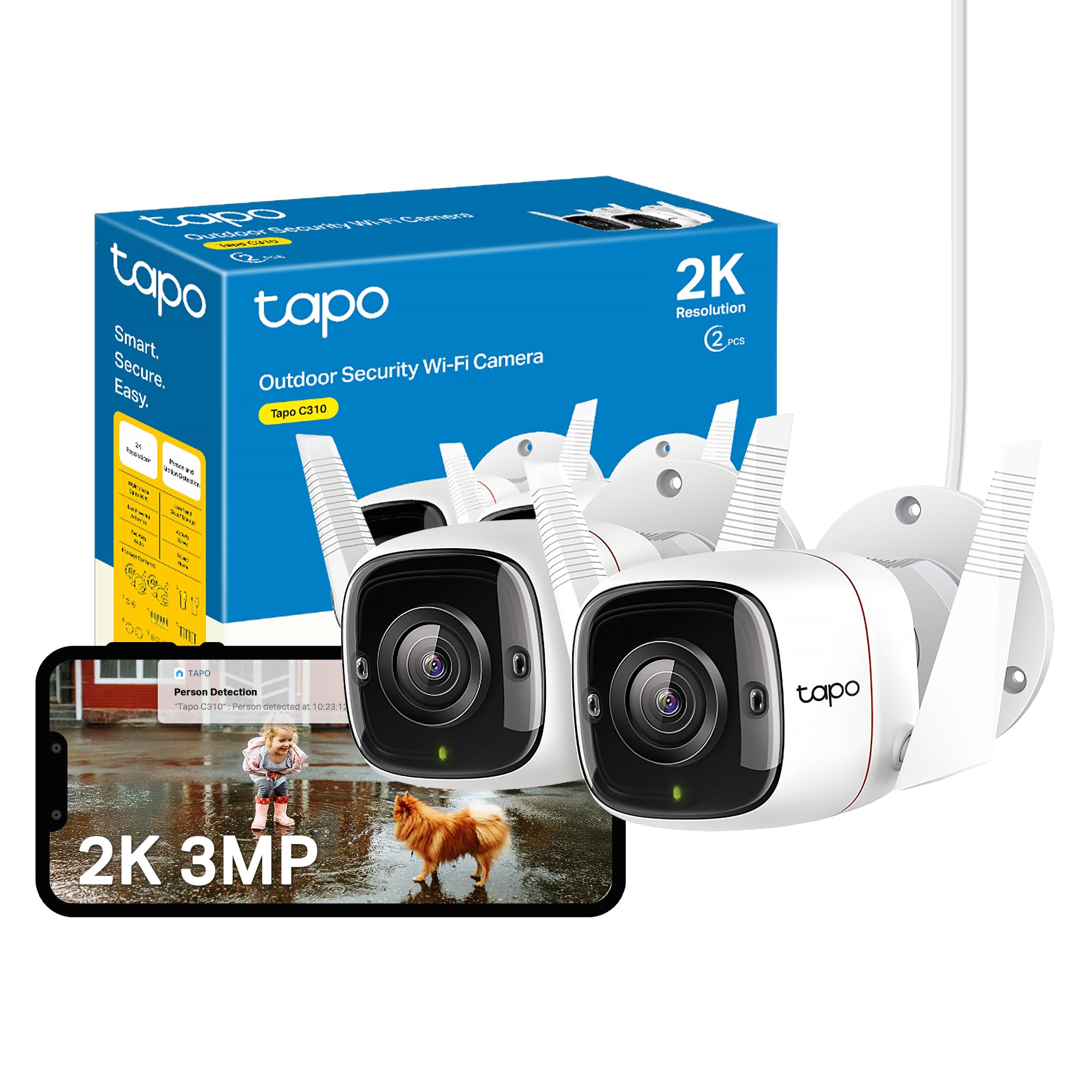 Tapo C310P2 2-Pack 2K Security Camera Outdoor Wired, Outdoor Camera No Monthly Fee, AI Detection, Advanced Night Vision, Two-Way Talk, IP66 Weatherproof, Works with Alexa & Google