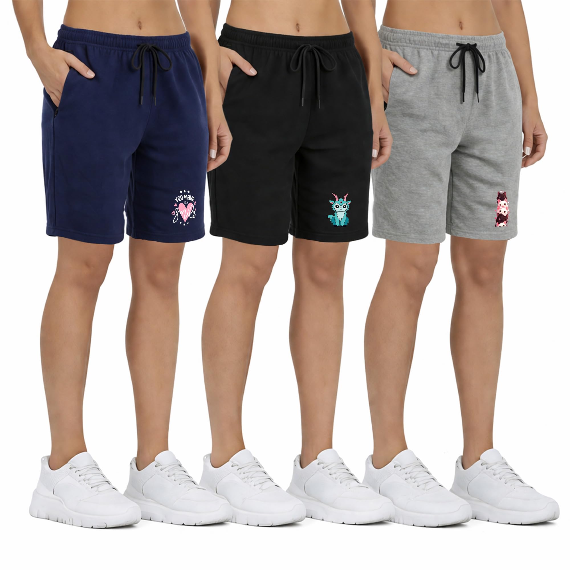 buy that trendz Womens Knee Length Shorts Make Smile Printed Cotton Summer Regular Fit Casual Shorts Combo for Womens Pack of 3 (S-4XL)-picture-35