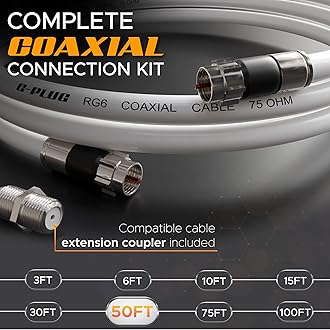 G-PLUG 50FT RG6 Coaxial Cable Connectors Set – High-Speed Internet, Broadband and Digital TV Aerial, Satellite Cable Extension – Weather-Sealed Double Rubber O-Ring and Compression Connectors White