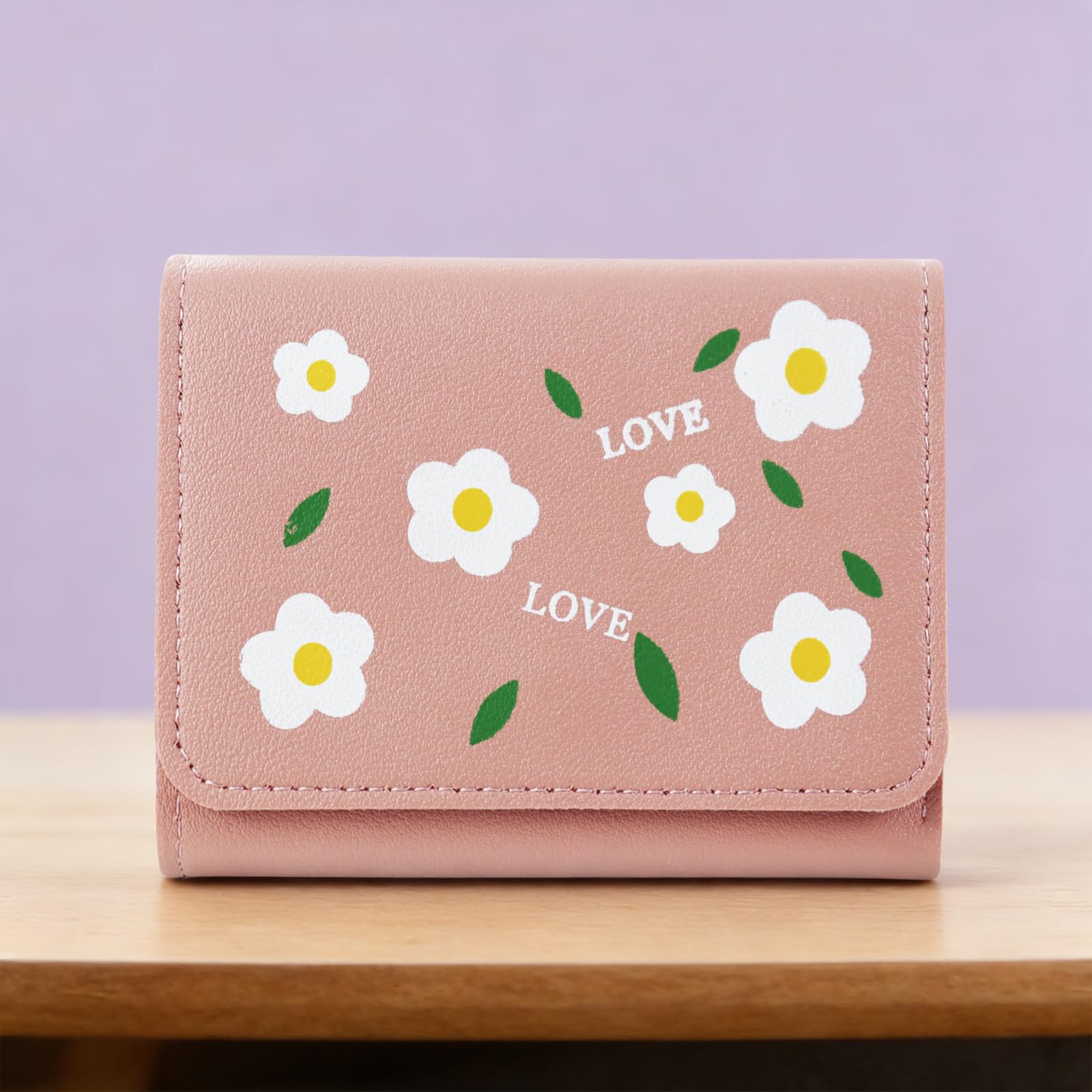 Tri - fold PU Women's Wallet with Flower Pattern & Metal Snap, Compact Card Holder with 5 Card Slots, ID Window & Cash Slot(Pale Pink)