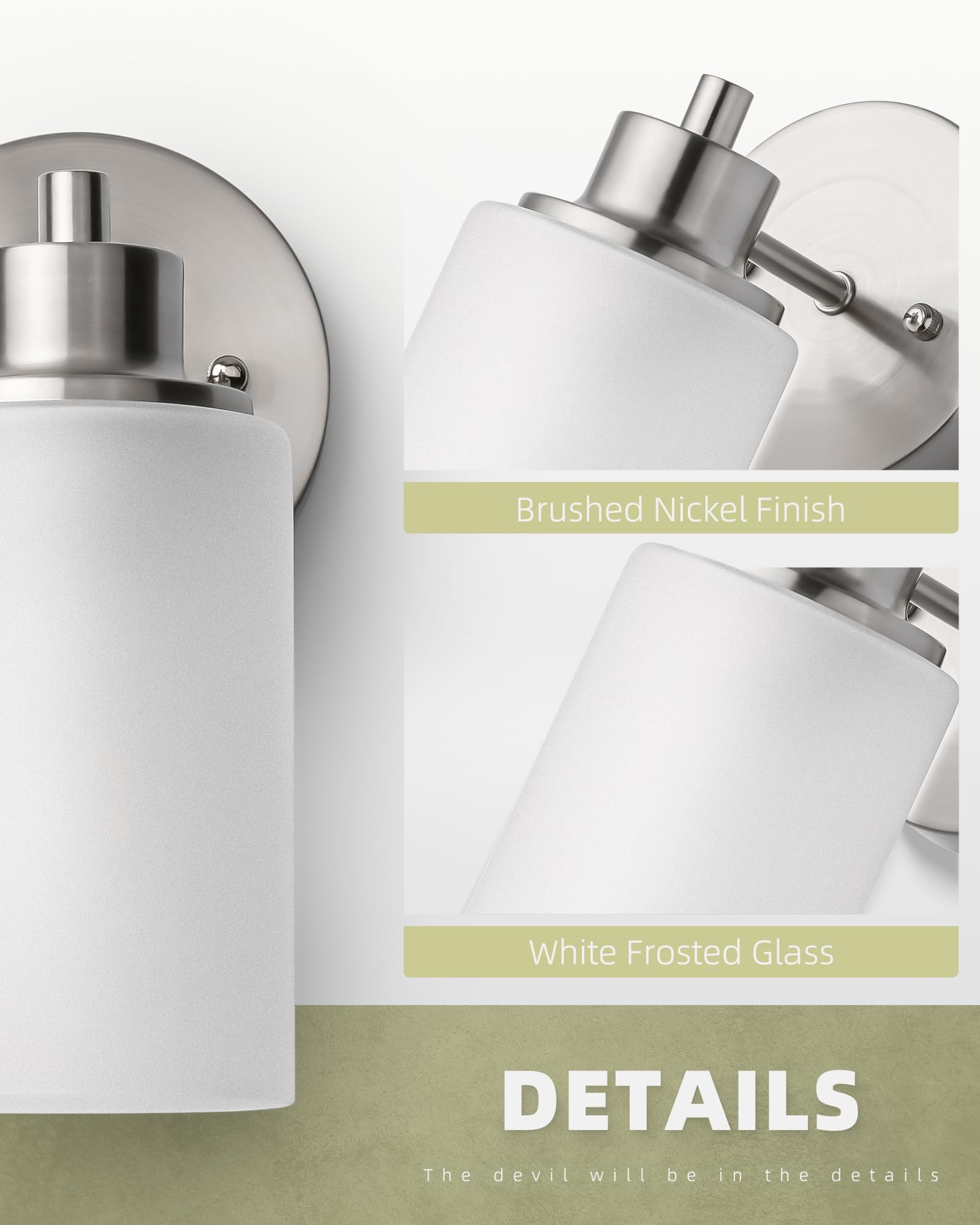 Paquete de 2 apliques de pared de níquel cepillado para interiores, lámparas de tocador de baño con pantalla de vidrio esmerilado blanco, iluminación moderna y elegante para montaje en pared para 5