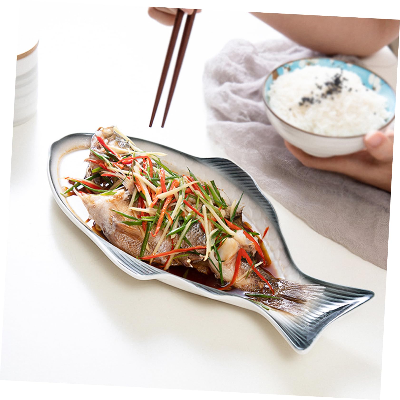 POPETPOP Piatto Forma di Pesce al Vapore Piatto Decorativo per Alimenti in Ceramica per Servire Pesce Frutti di Mare e Antipasti