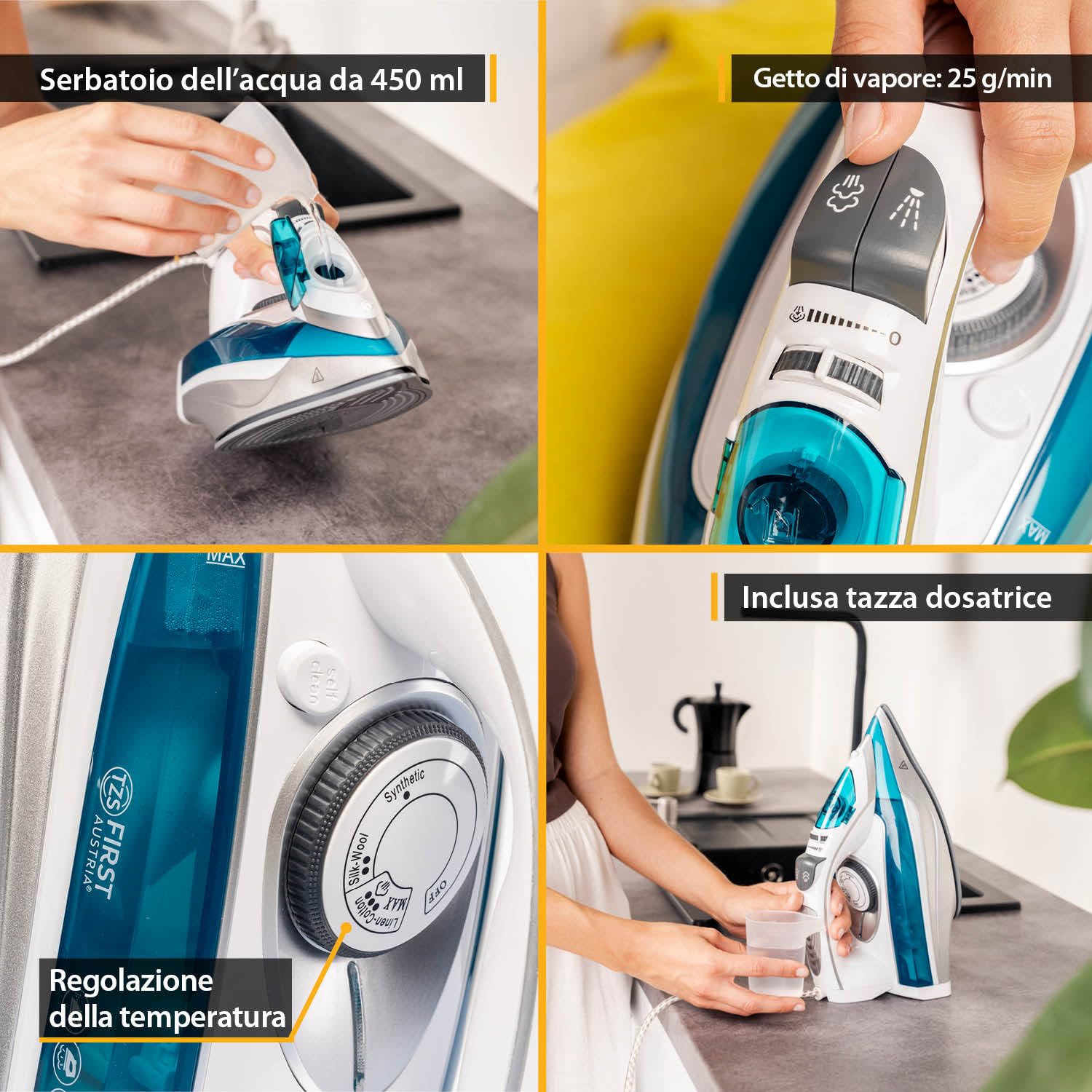 TZS First Austria - Ferro da Stiro a Vapore 1200W - 450ml - 93 Fori Vapore - 25g/min Vapore & Supervapore 1g - Piastra in Ceramica - Anti-Calcare, Vapore Verticale & Autopulizia - Verde