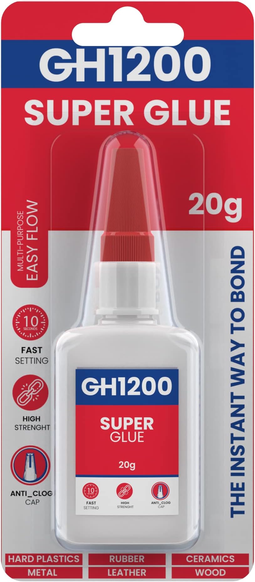 GH1200 20g Superglue with Anticlog Cap - Super Glue All Purpose Superfast, Thick & Strong Glue for Hard Plastics, DIY Craft, Ceramics, Frame, Leather, Metal and Many More