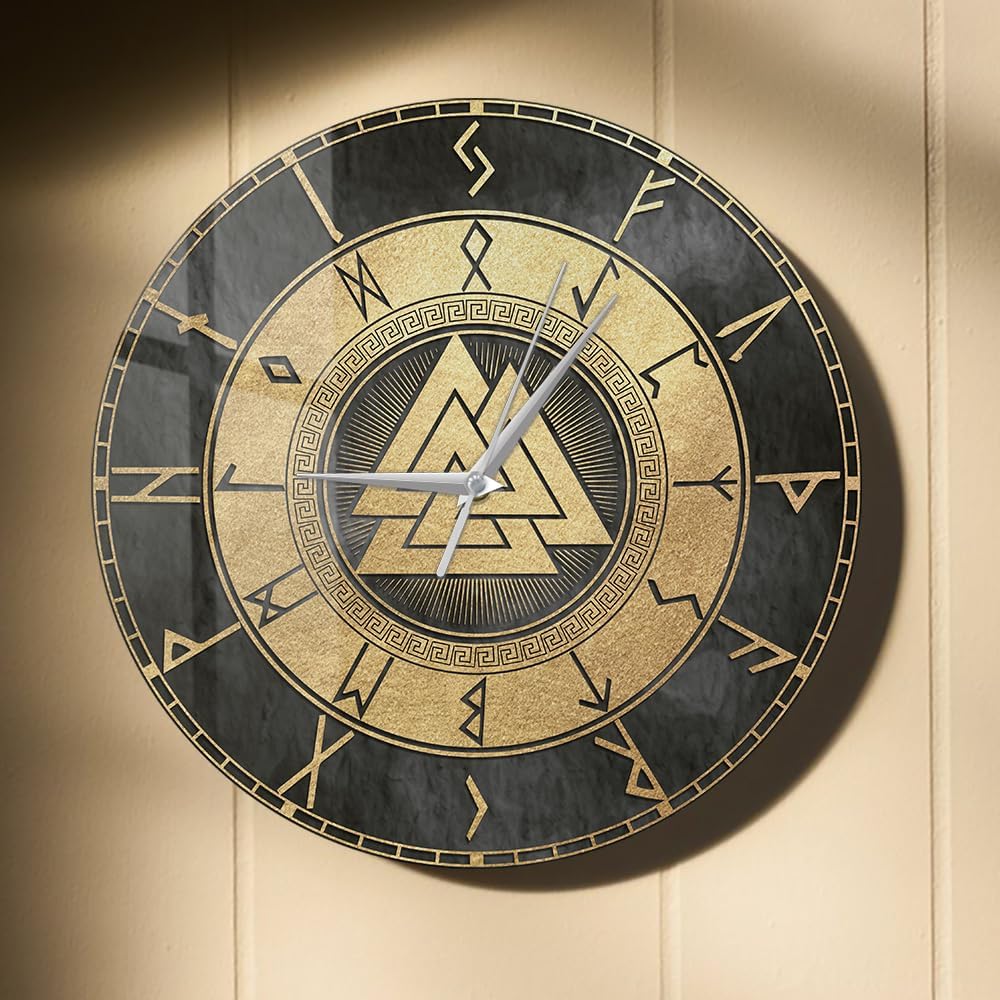 15 Inch Scandinavian Viking Design Valknut Wall Clock, Vintage Futhark Viking Runes Worrior Norse Print Wall Clock Accurate Silent Non Ticking Battery Operated for Man Cave Bedroom Farmhouse
