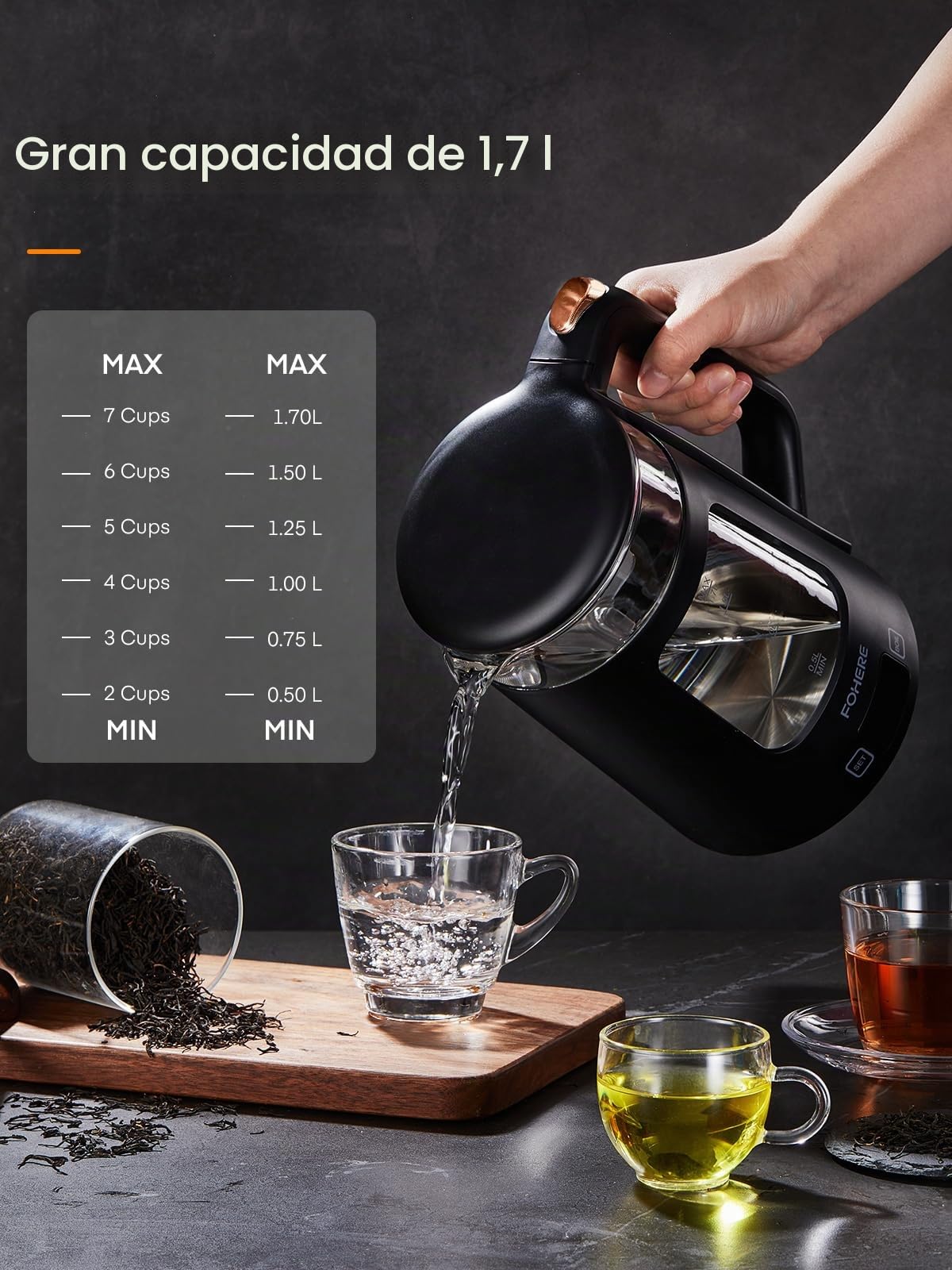 Hervidores Eléctrico, Hervidor de Vidrio de 1.7L con Mantenimiento del Calor, 5 Controles de Temperatura, Ebullición Rápida de 2200W, Apagado Automático y Protección Contra el Hervido en Seco, Negro