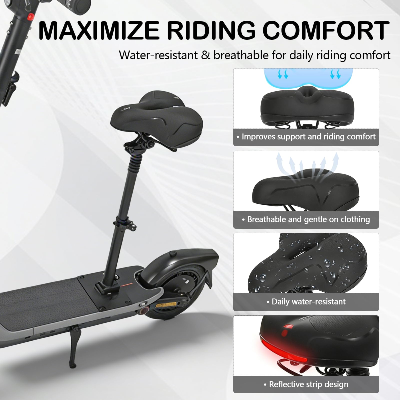 Siège Pliable réglable en Hauteur pour Trottinette électrique, Compatible Segway Ninebot F3 E3 E3Pro, Hauteur d’Assise 45–65 cm, siège amortissant avec Sangle de Transport et Bandes réfléchissantes