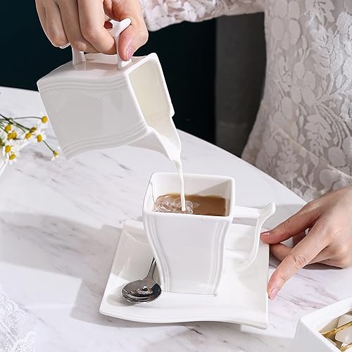 Miniatura 4 de MALACASA Juego de azúcar y crema, jarra de porcelana blanca marfil y azucarero con tapa para café, espresso y té, 3 piezas, serie Elvira