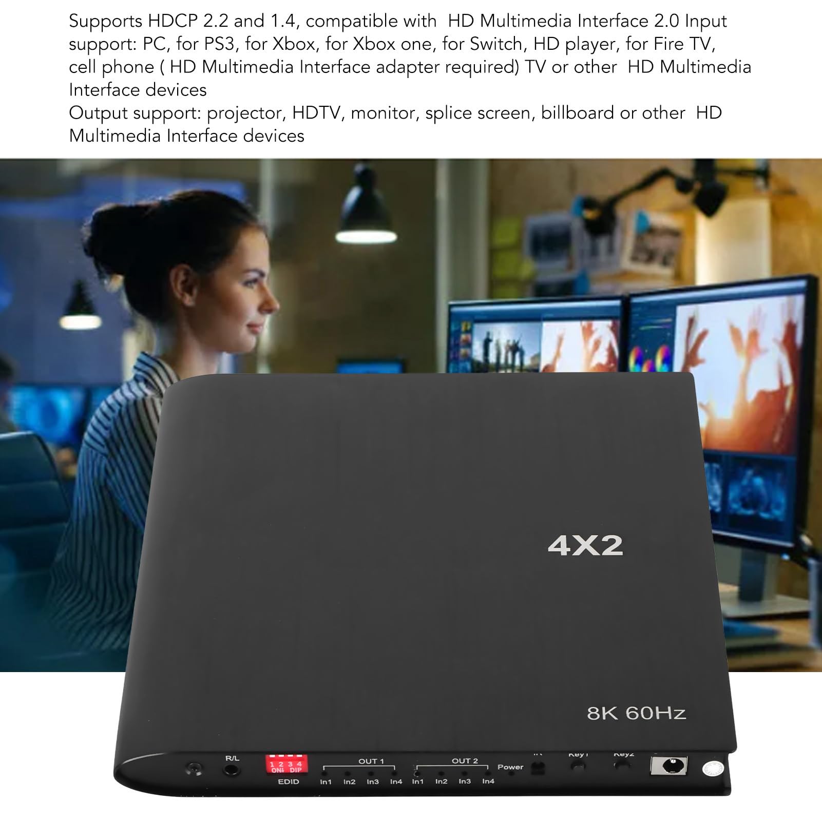 Switch HDMI, Commutatore HDMI 4 in 2 Out 8K 60Hz con Telecomando, SPDIF + Uscita Audio da 3,5 Mm Selettore Video Supporta HDCP 2.2 e 1.4 per Lettori DVD, PC, Monitor (Spina