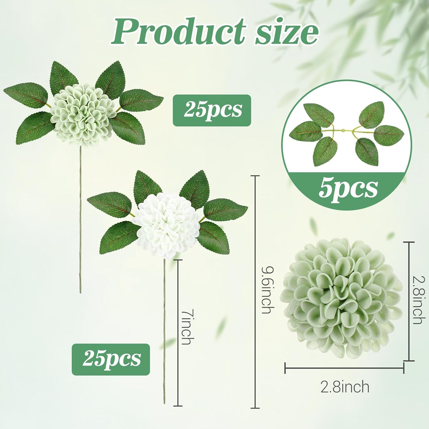 Giegxin 50 Pcs Sage Green Artificial Flowers with Stem for DIY Wedding Bouquets Centerpieces Arrangements, Green and White Dahlia Flowers for Bridal Shower Party Home Decorations, 3.15 Inches - Image 2