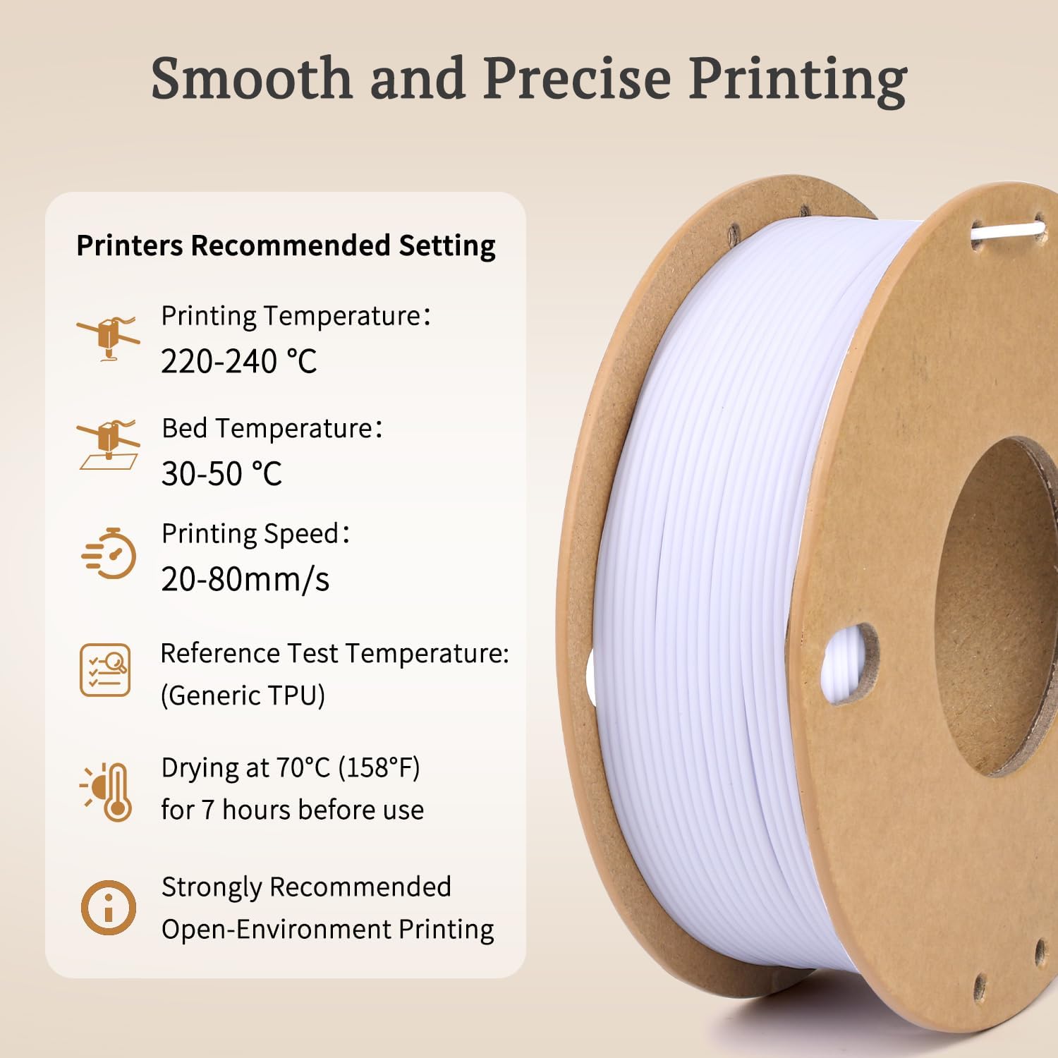 White TPU Filament 1.75mm, 95A Rubber-Like 3D Printer Filament, High Flexible TPU Filament +/-0.03mm Accuracy,Cardboard Spool 250g (0.55lb) - Image 3