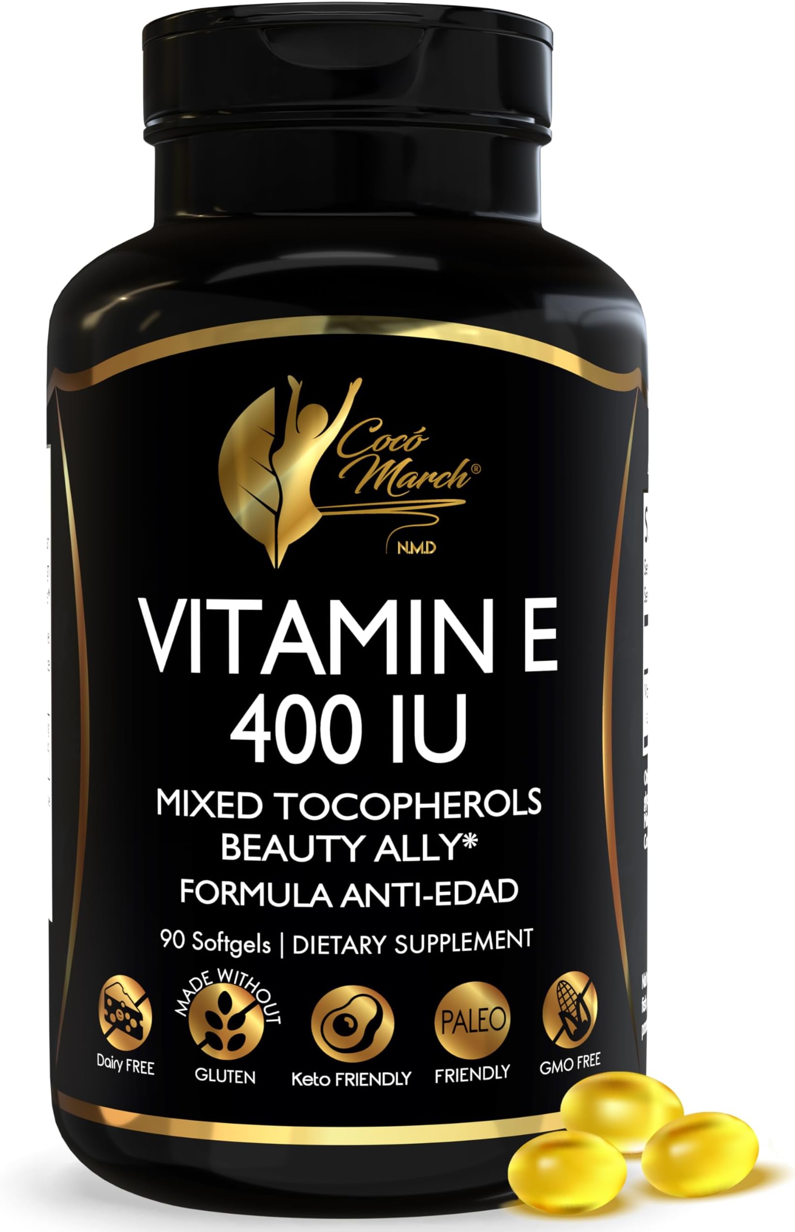 Coco March N.M.D Natural Vitamin E 400 IU Mixed Tocopherols – Immune Support Supplement for Heart, Skin & Eye - Antioxidants for Women & Men, Gluten Free & Dairy Free, 3-Month Supply, 90 Softgels