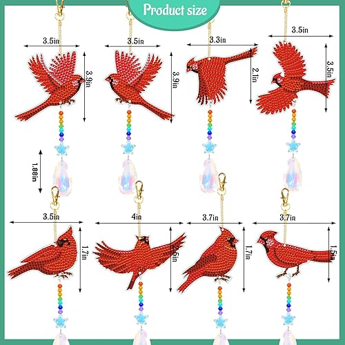 Miniatura 2 de 8 piezas de atrapasoles de pintura con diamantes, doble cara 3D de pájaro rojo, pintura de carillón de viento por número, pintura de diamante para