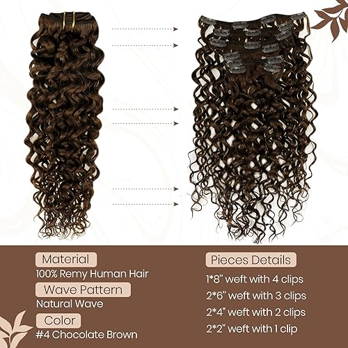 Miniatura 3 de Hetto Extensiones de cabello humano rizado con clip, color marrón natural, extensiones de cabello ondulado color marrón oscuro #4, extensiones de