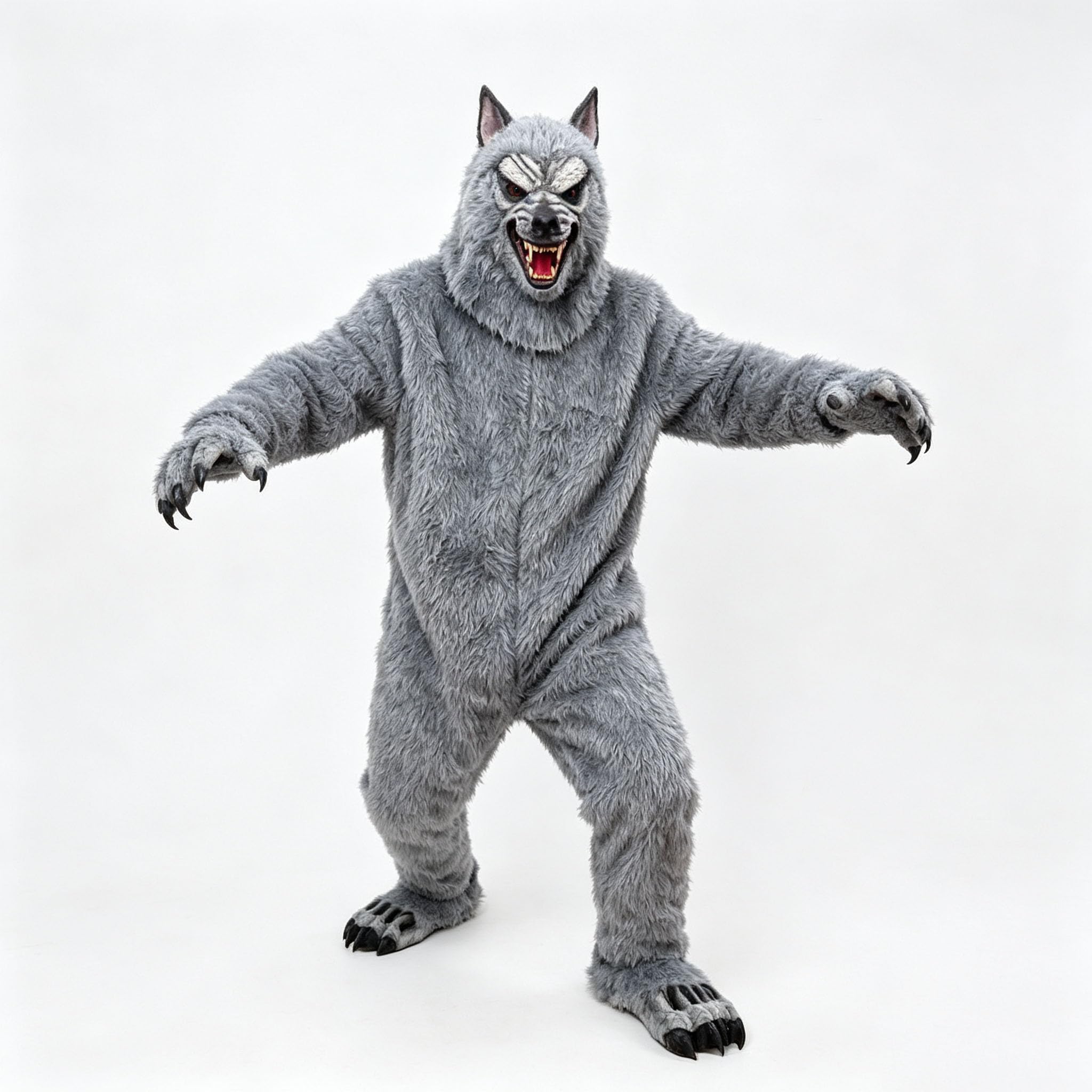 Full Body Plush Furry Big Bad Wolf Costume with Mask Feet Tail,Halloween Realistic Werewolf Jumpsuit Outift(5'4"-7'1") (B)