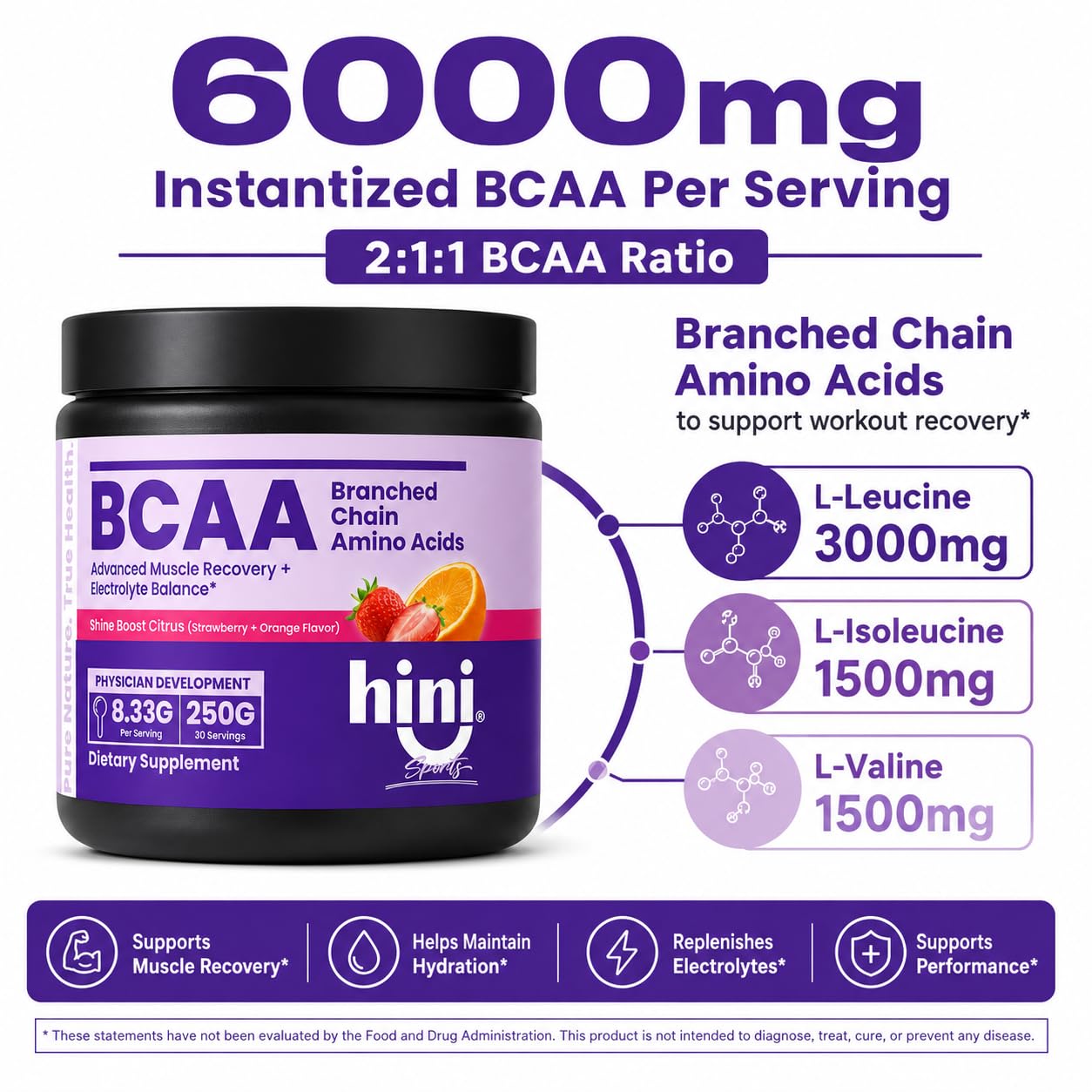 HINI BCAA Powder, 2:1:1 Branched Chain Amino Acids with Electrolytes, 6000mg BCAA Blend, L-Leucine, L-Isoleucine & L-Valine, Strawberry Orange Flavor, 250g, 30 Servings — Amazon image 3