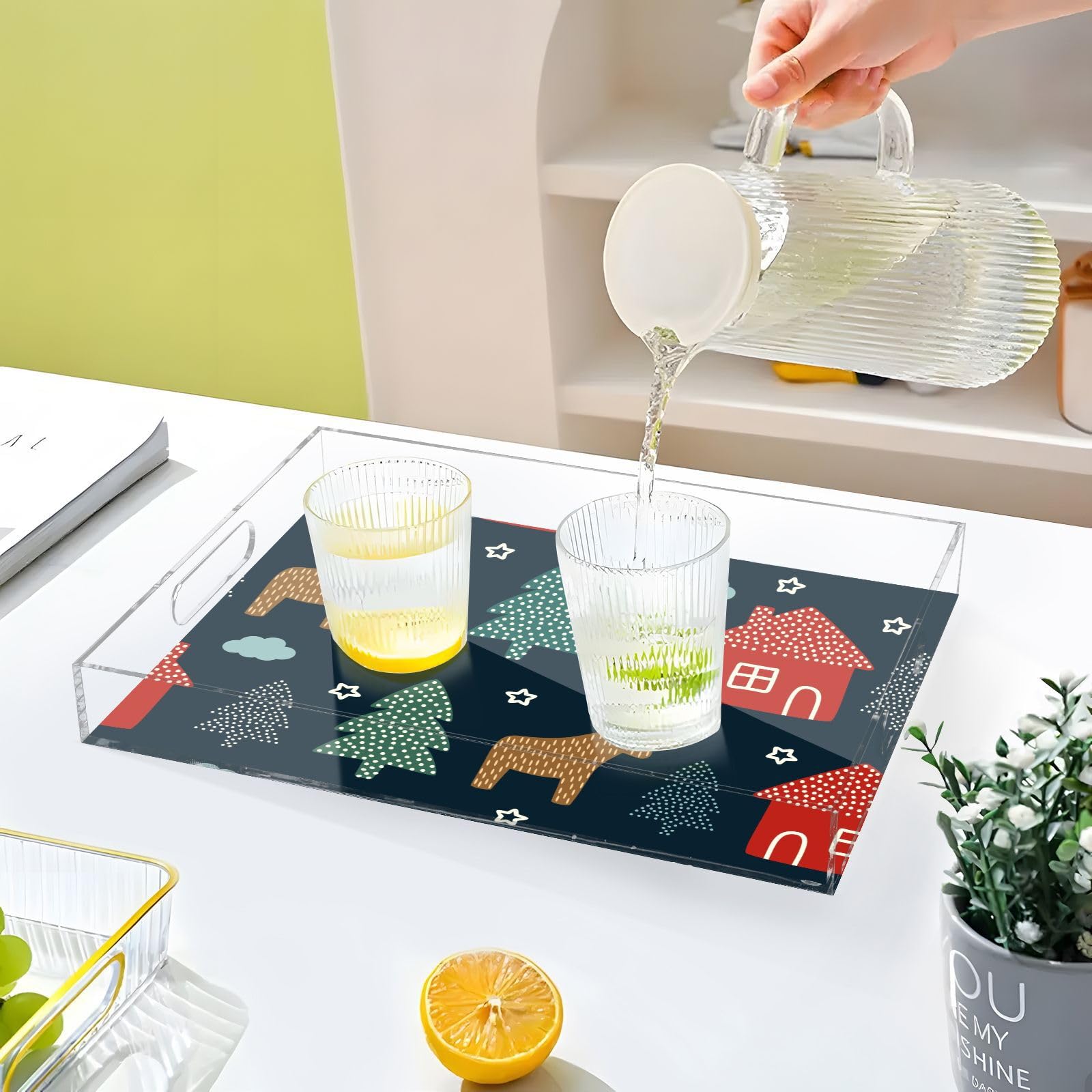 Bandejas acrílicas transparentes para servir con asas, bandeja de desayuno de 12 x 16 pulgadas, diseño personalizado transparente para vacaciones de invierno, bandeja de servir impermeable azul