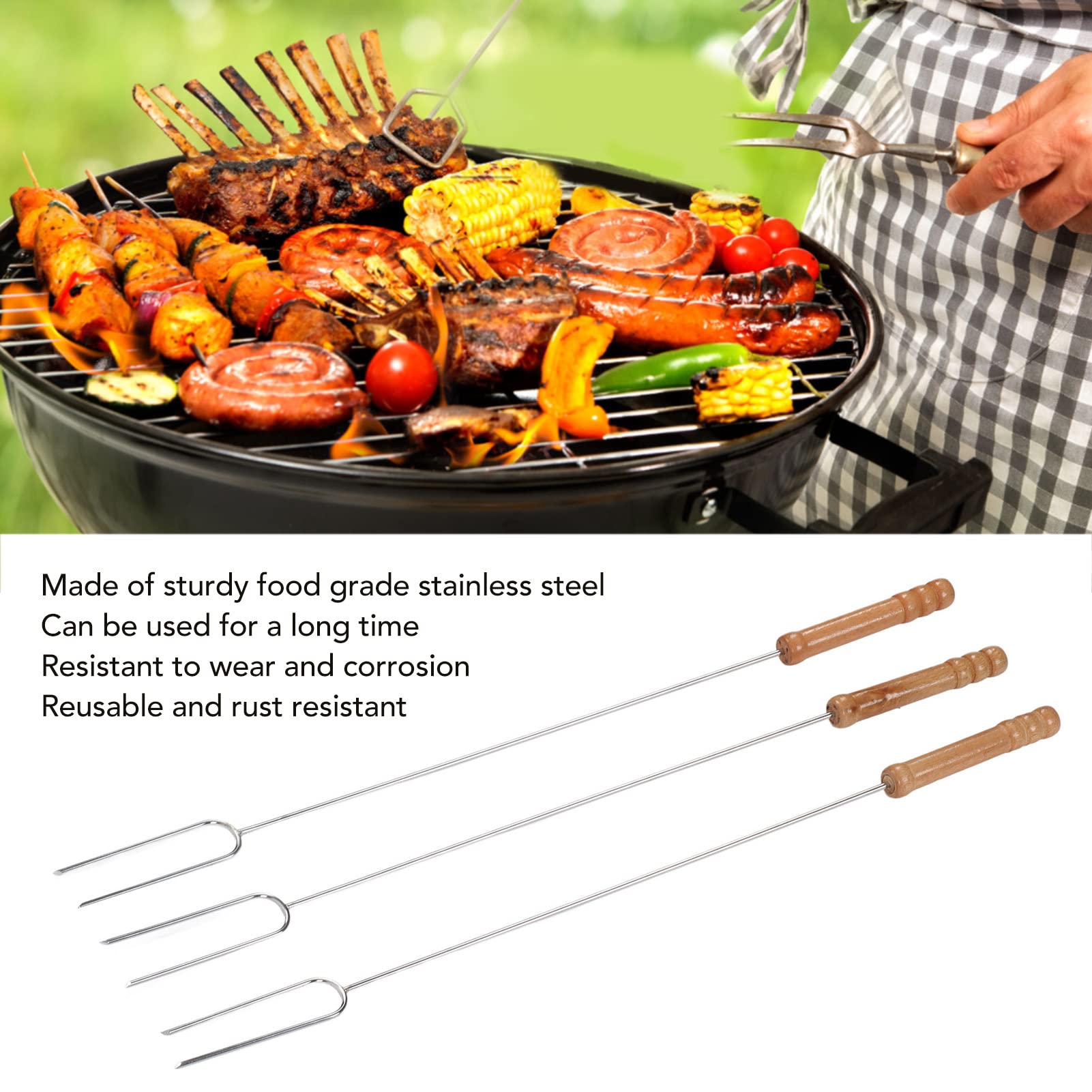 Stainless Steel Barbecue Forks, 47.2cm BBQ Roasting Stick with Beech Wood Handle for Outdoor Camping, Lightweight & Portable