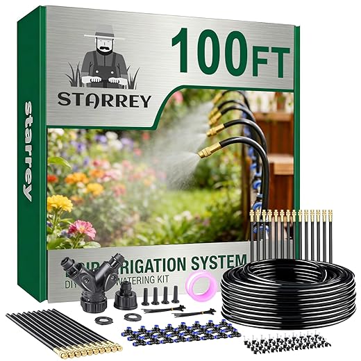 Drip Irrigation System, 2026-Upgrade 100Ft 1/4" Garden Watering System with 24 Pcs 360° Adjustable Copper Nozzles, DIY Kit for Garden, Lawn, Greenhouse, Raised Beds & Outdoor Plants