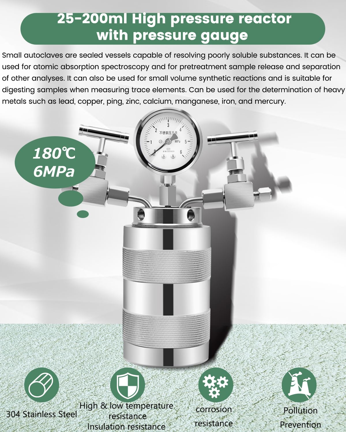 Huanyu 6MPa Autoclave de alta presión 50ml 180℃ Reactor PTFE Liner con manómetro de entrada de gas Salida (50ml)