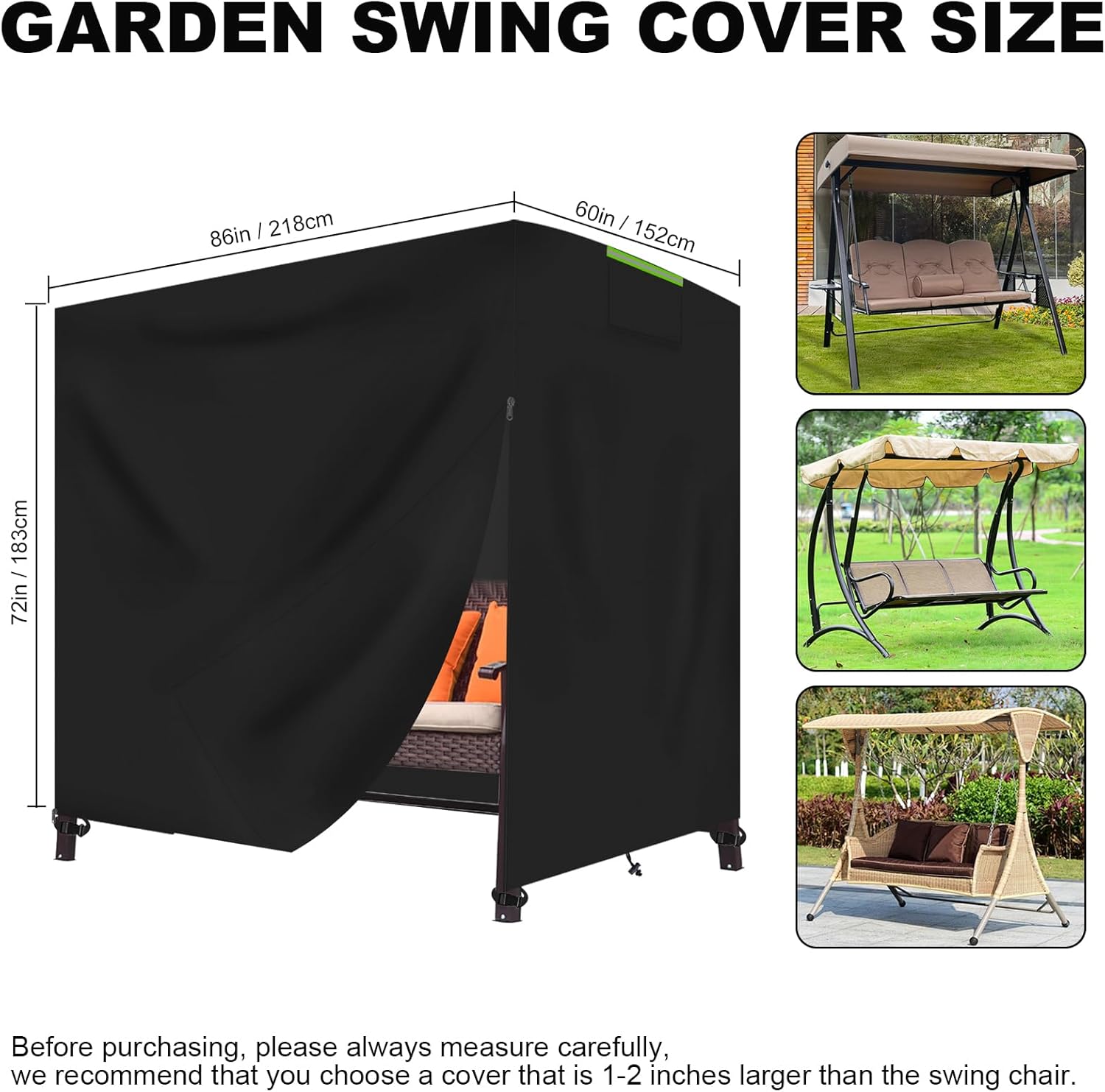 Outdoor Swing Cover, 2/3 Triple Seater Hammock Glider Cover, 600D Oxford Heavy Duty Porch Swing Canopy Replacement, Waterproof Windproof and UV (Black, 218*152*183CM)