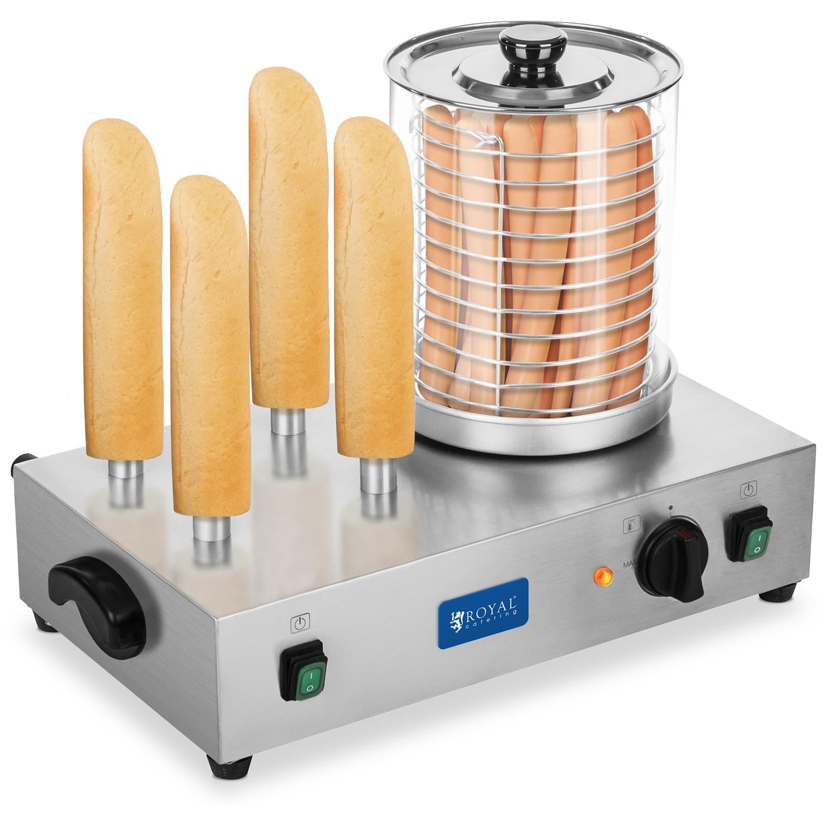 Royal Catering Hot-Dog Maker Macchina Hot Dog Professionale Rchw 2300 (Potenza 1100 Watt, Temperatura 0-95 °C, Altezza Cilindro 24 Cm, Diametro Cilindro 20 Cm, Punzone Scaldapane)-image