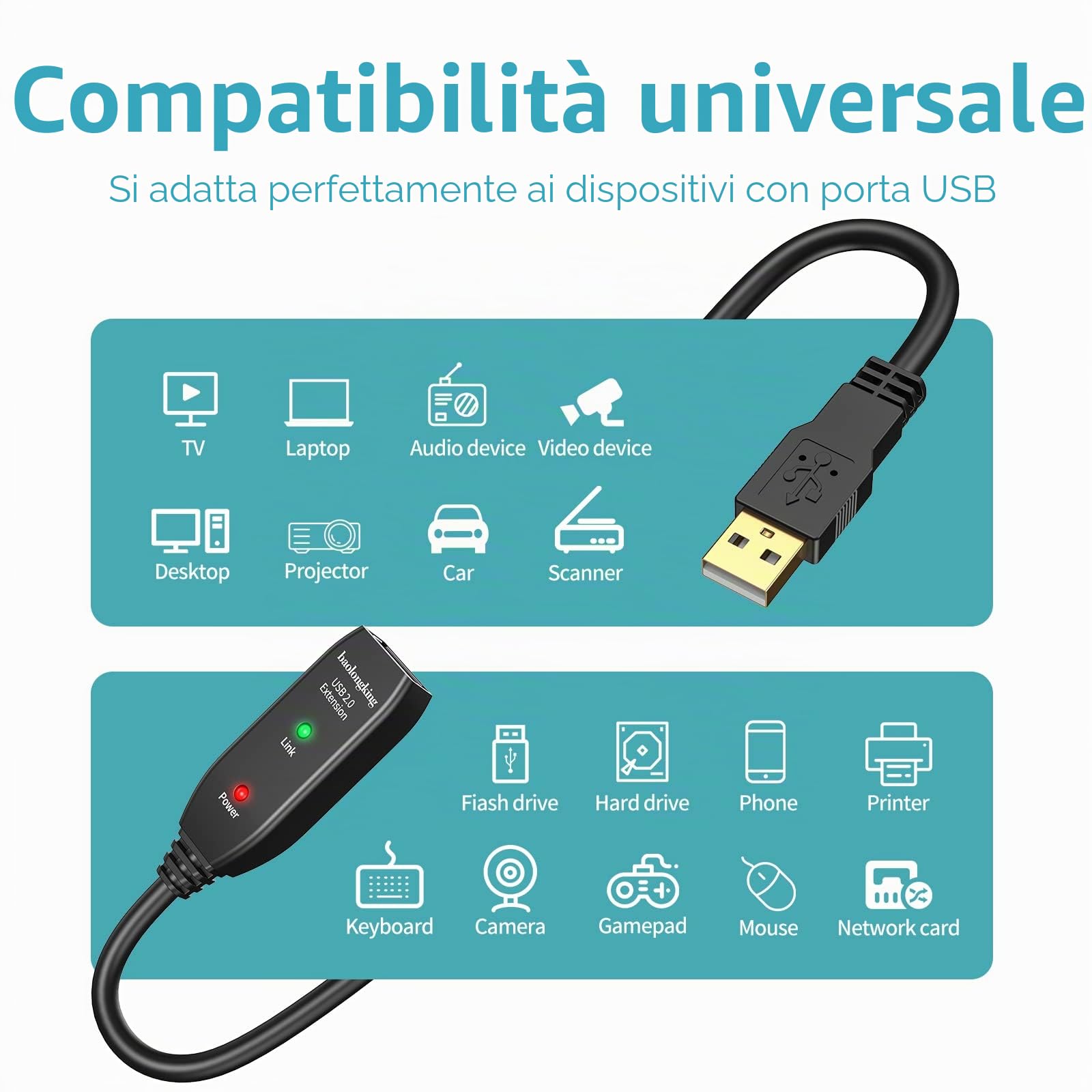 Cavo di prolunga USB da 5 m, 10 m, 15 m, 20 m, USB 2.0, ripetitore attivo, da maschio A a femmina A, cavi lunghi con amplificatore di segnale (20m)